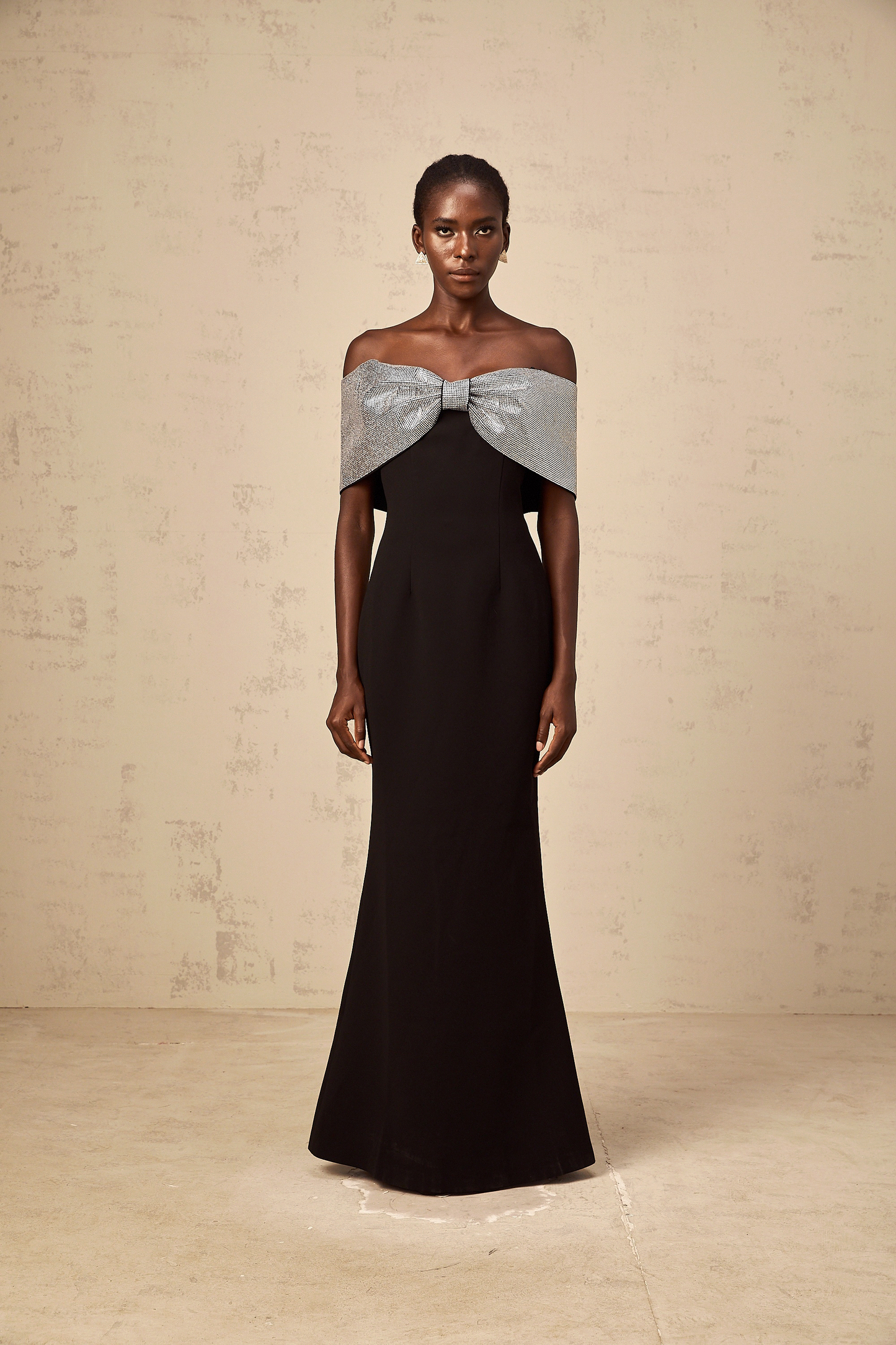 Chloé black rhinestone-bow off-shoulder maxi dress