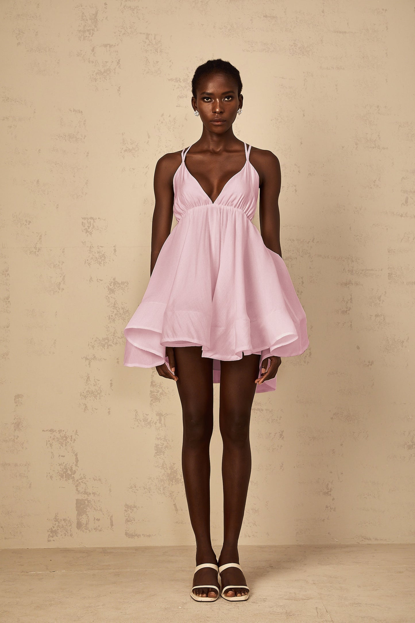 Quincie Pink Shirred Flounced Mini Dress