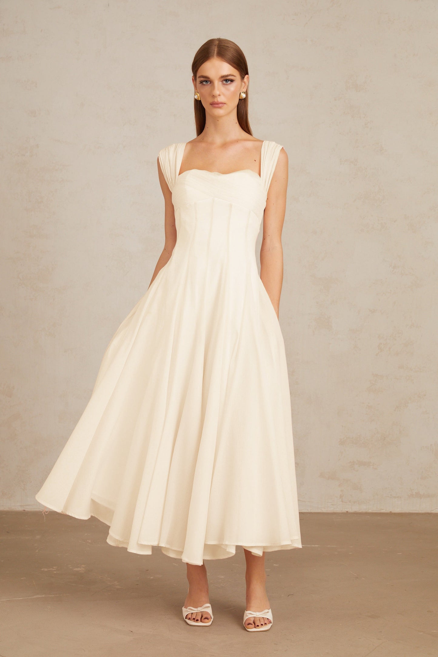 Érasme Cream White Flounced Midi dress