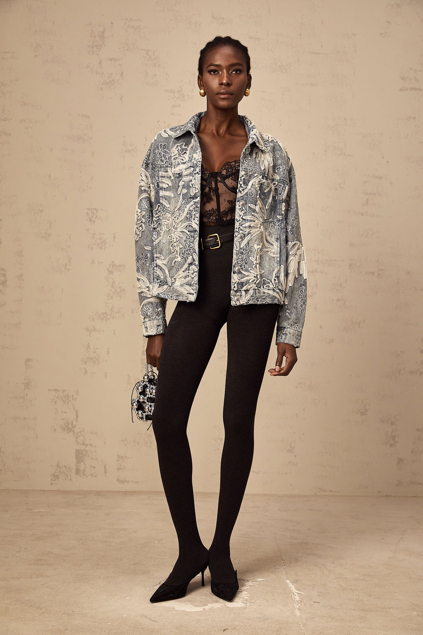 Mailys blue sequined flower-embroidered denim jacket
