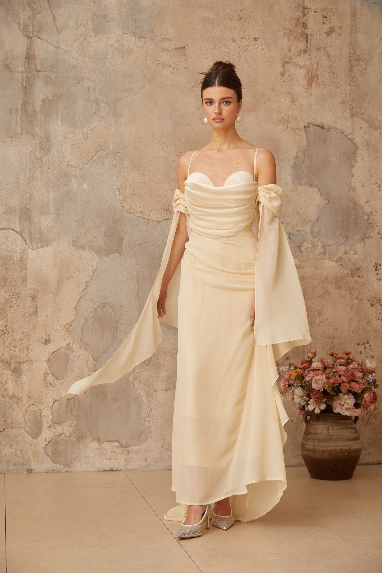 Mélusine Neutral Ruched Chiffon Maxi Dress
