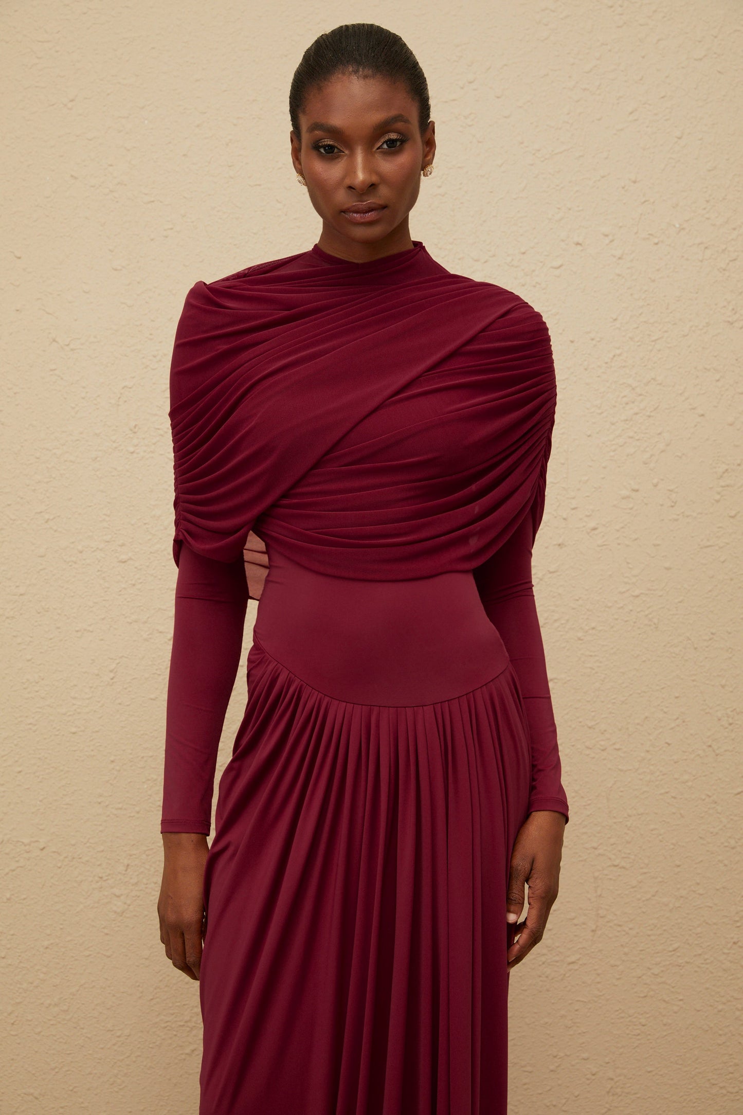 Catherine Red Asymmetrical Pleated Long-Sleeve Maxi Dress