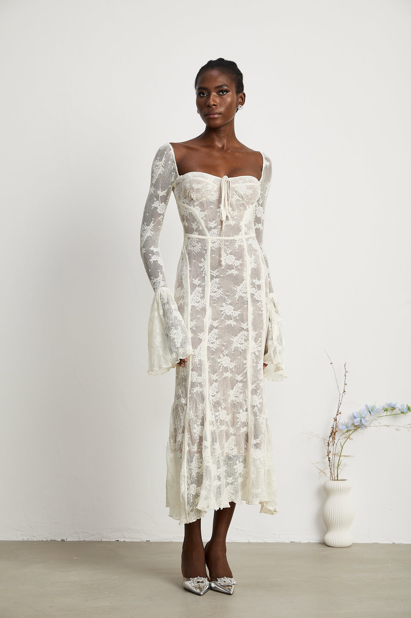 Marlene White Flared Lace Maxi Dress