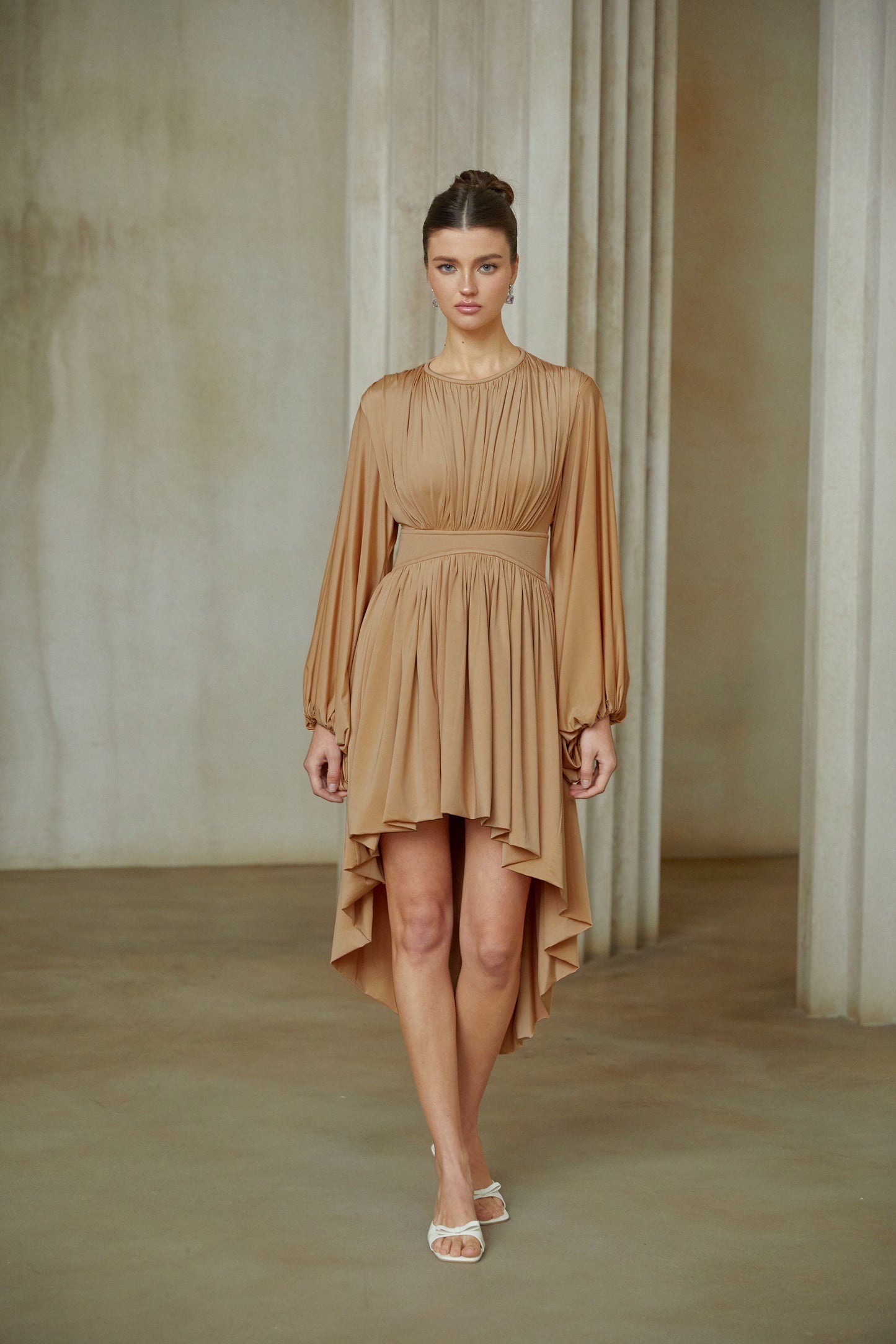 Kenza Pink Asymmetrical Pleated Midi Dress