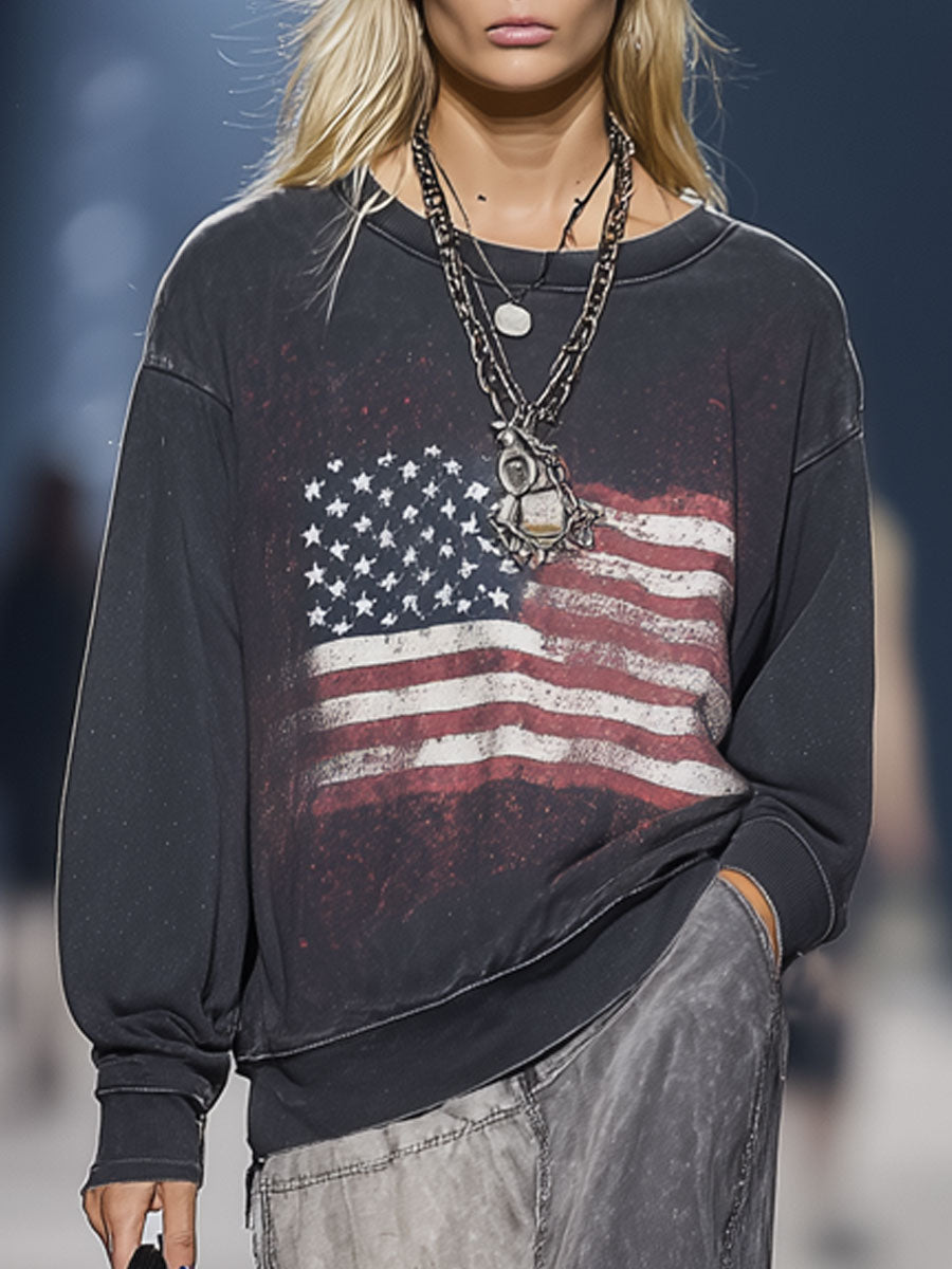 Casual Retro American Flag Print Dark Grey Long-Sleeved Sweatshirt
