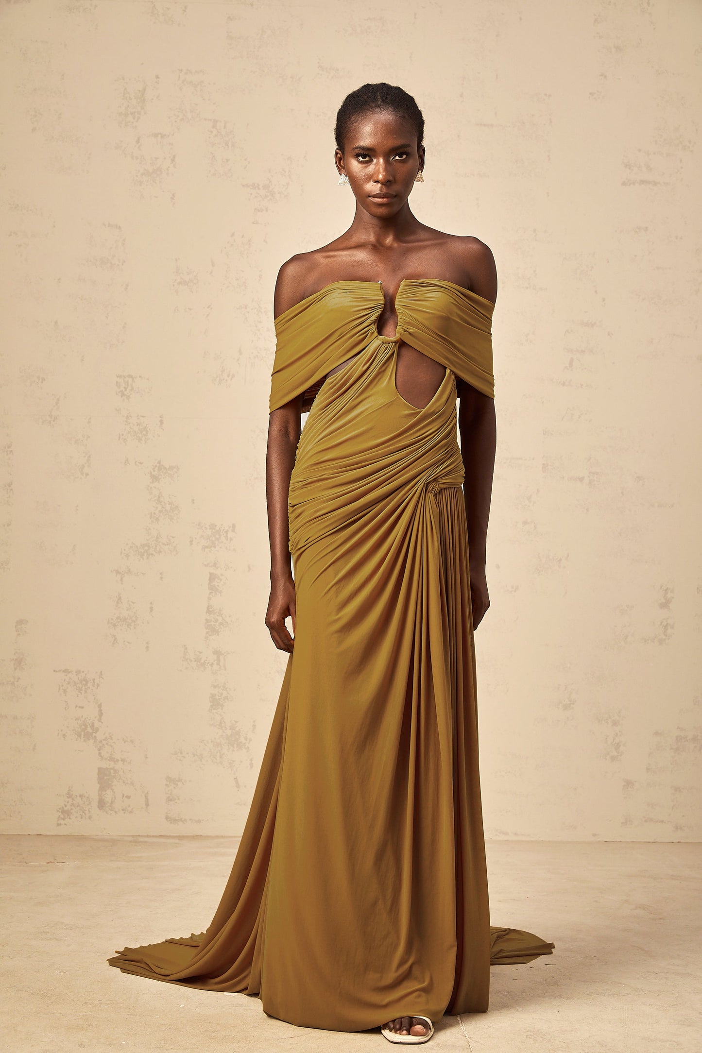 Ludivine ocher off-shoulder cut-out ruched maxi dress