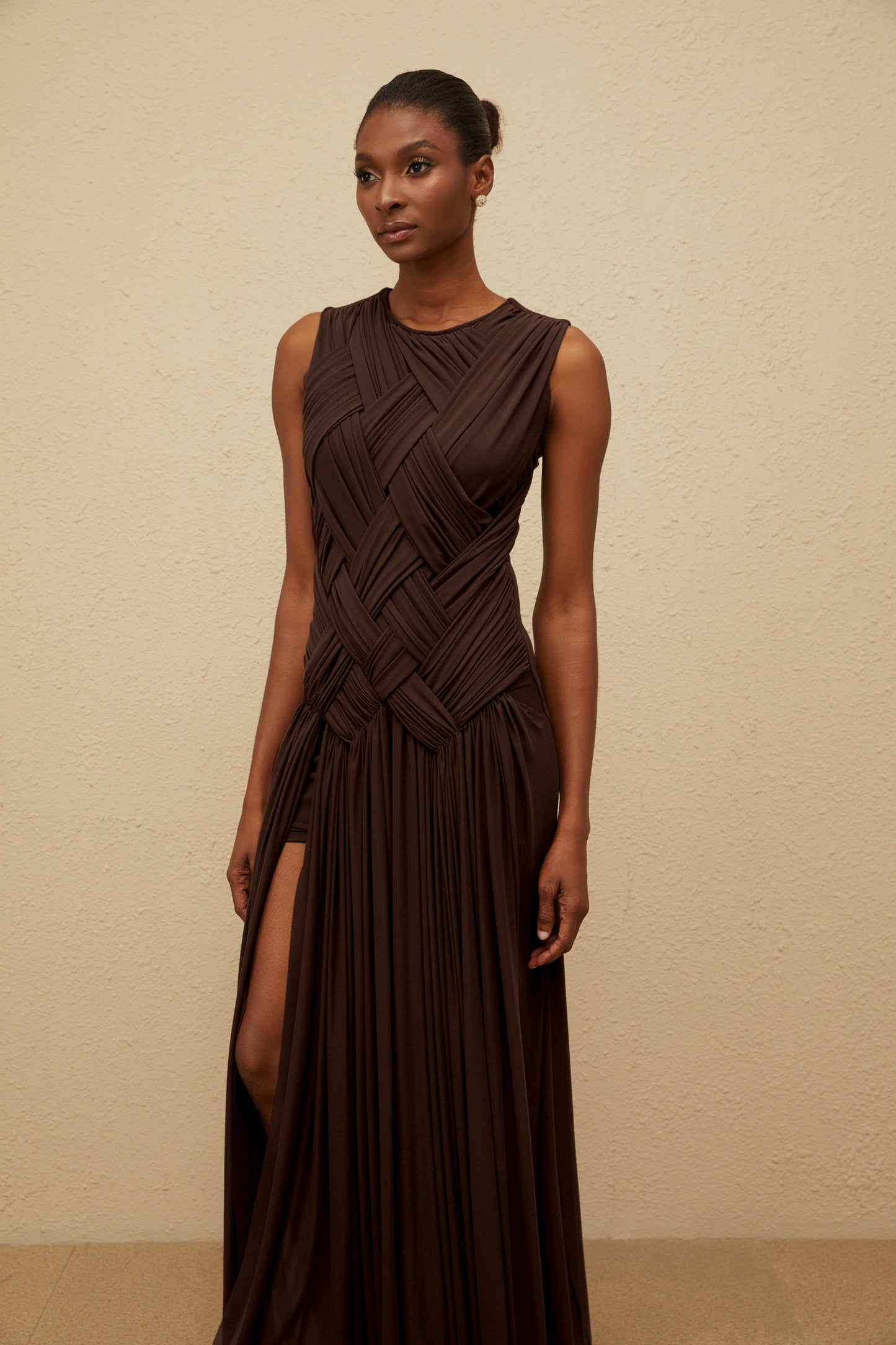 Daphné Brown Asymmetrical Braided Tulle Midi Dress