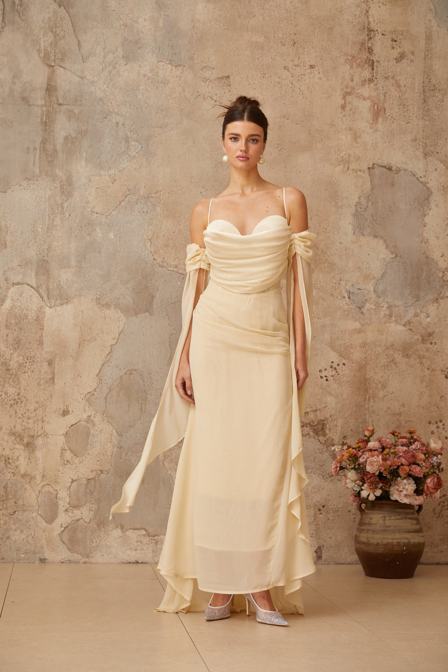 Mélusine Neutral Ruched Chiffon Maxi Dress