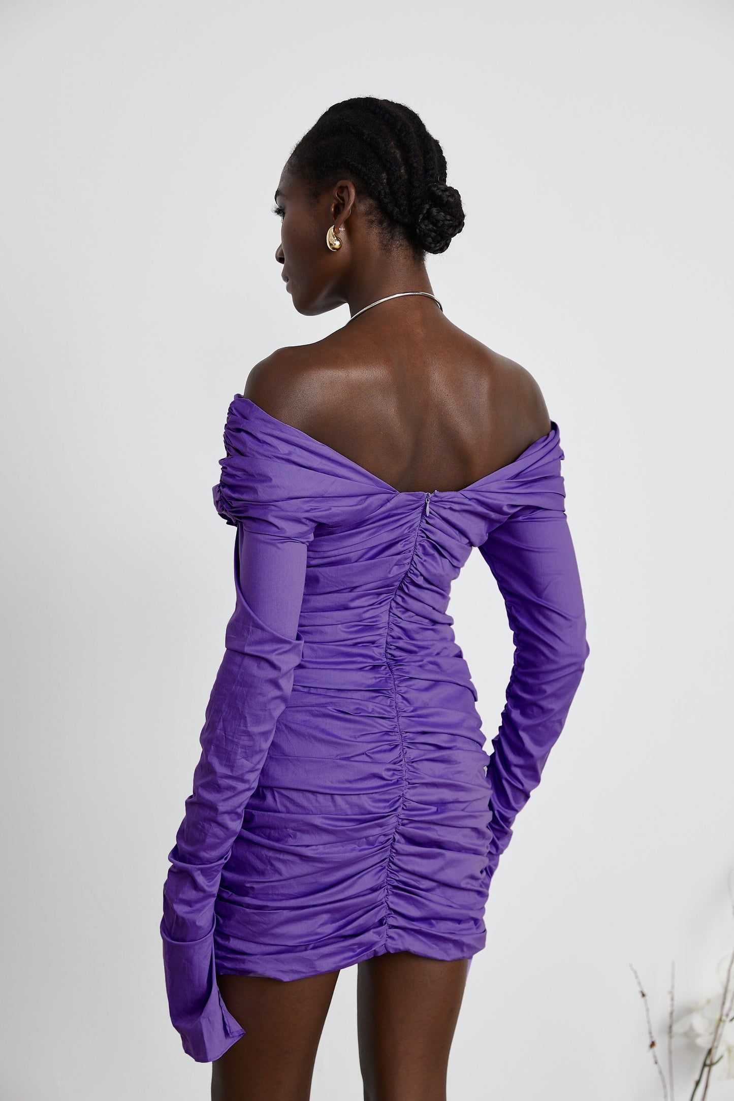 Apolline purple off-shoulder ruched mini dress