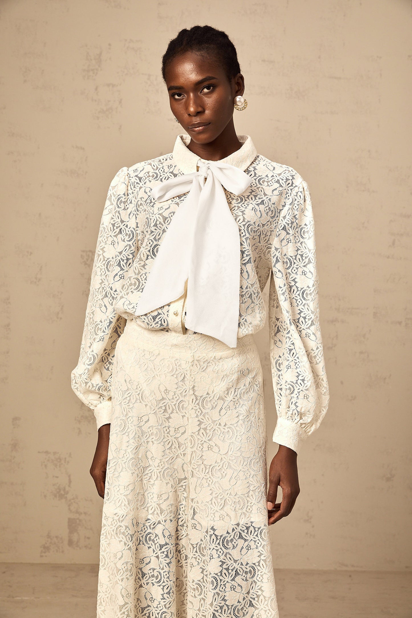 Vanessa white guipure-lace shirt & trousers matching set