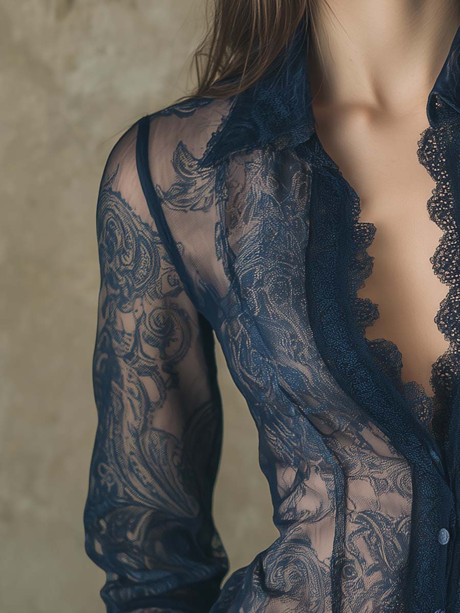 Romantic Paisley Print Lace Trim Sheer Shirt