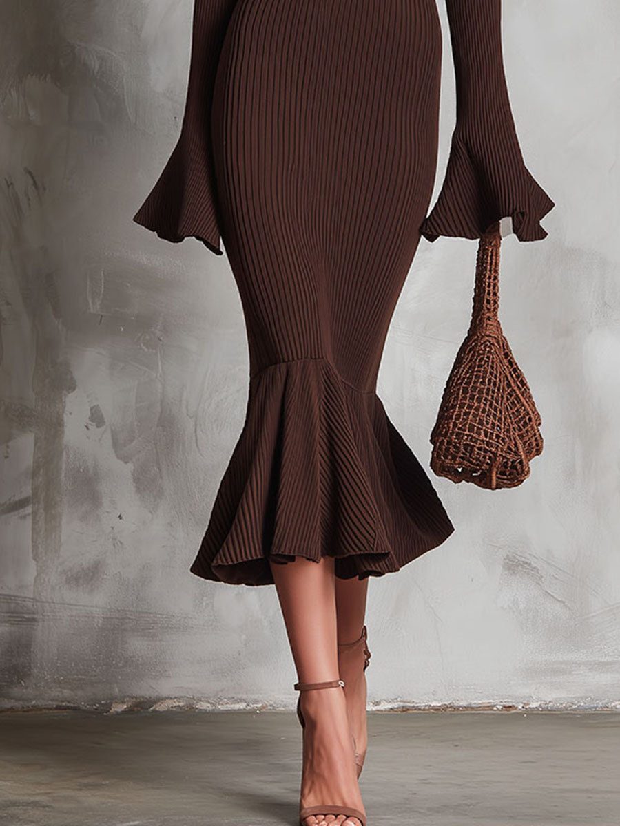 Elegant Brown Ribbed Knit Flared Cuffs Mermaid Midi Dress