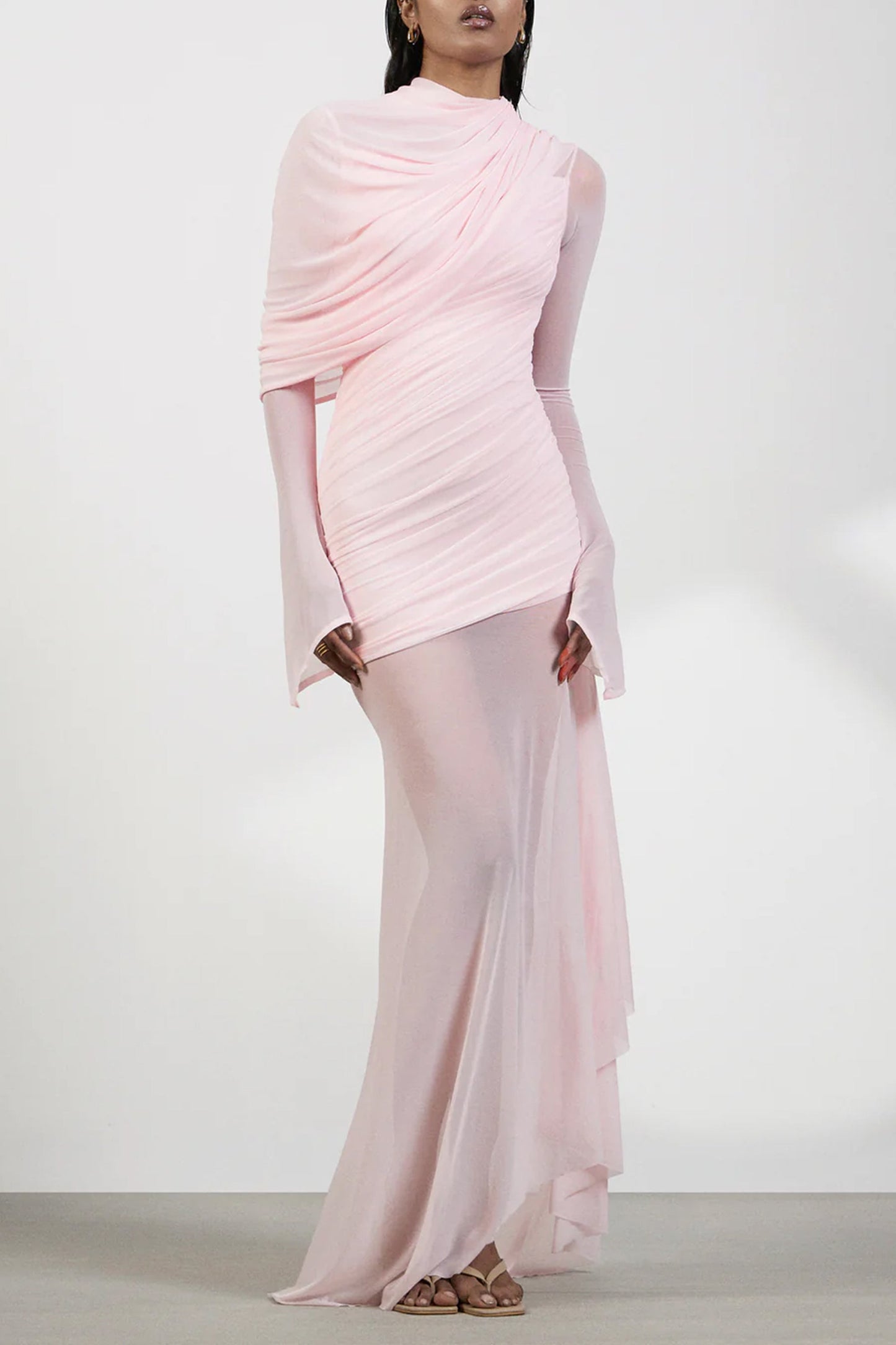 Garance Pink Asymmetrical Ruched Mesh Maxi Dress