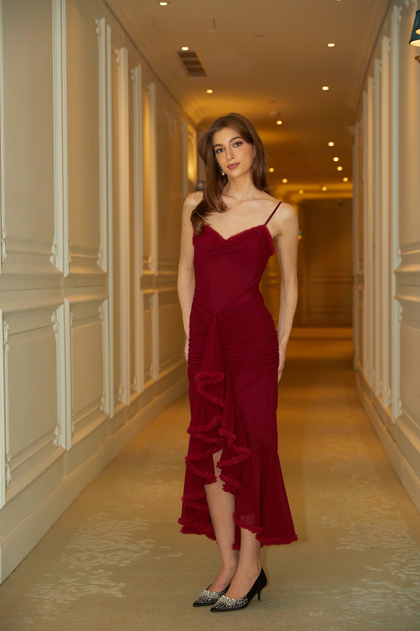 Viviane ruffle draped maxi dress in Red