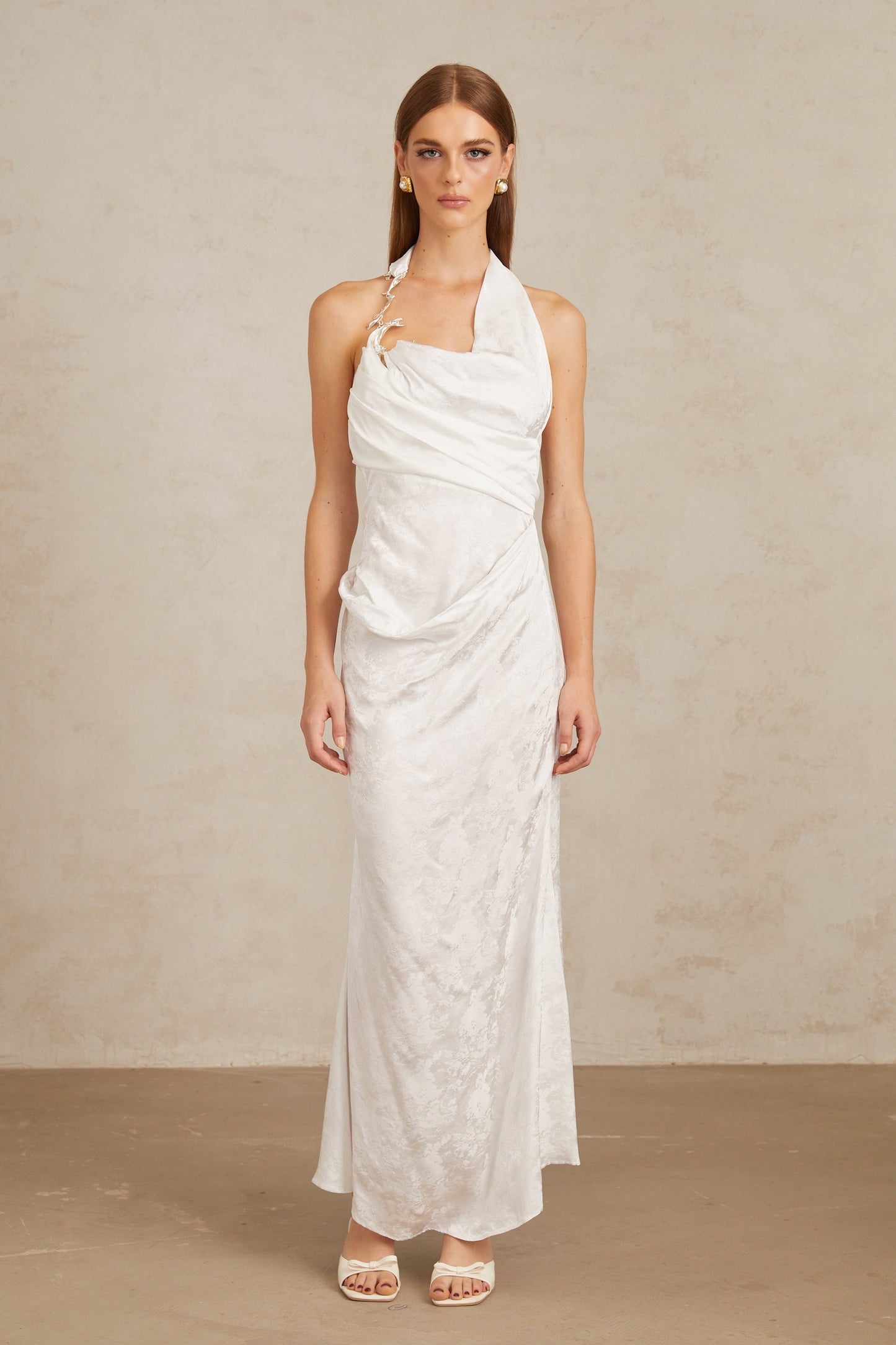 Marie White Ruched Jacquard Floral Maxi Dress