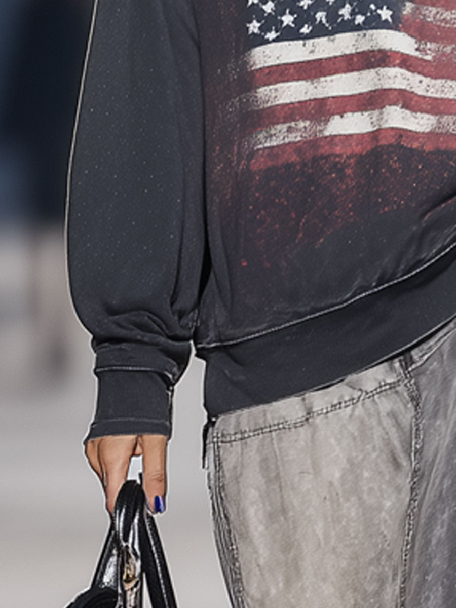 Casual Retro American Flag Print Dark Grey Long-Sleeved Sweatshirt