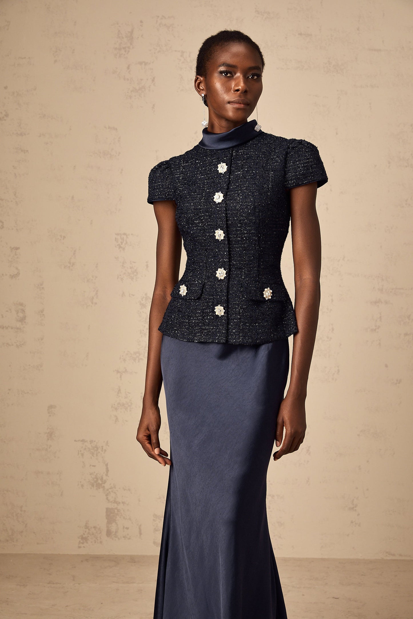 Josette blue peplum-waist panelled maxi dress