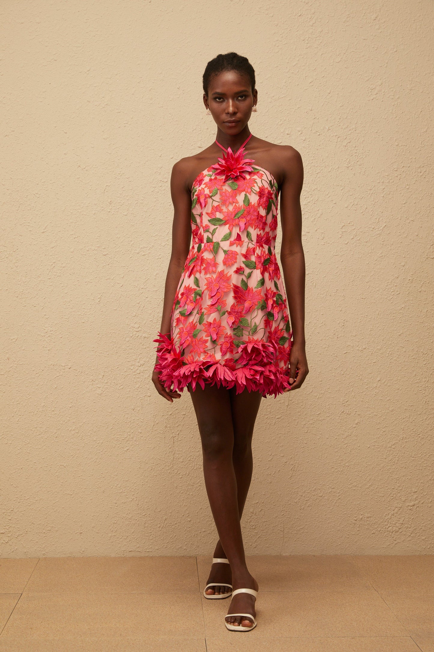 Doriane Red Halterneck Floral Embroidered Mini Dress