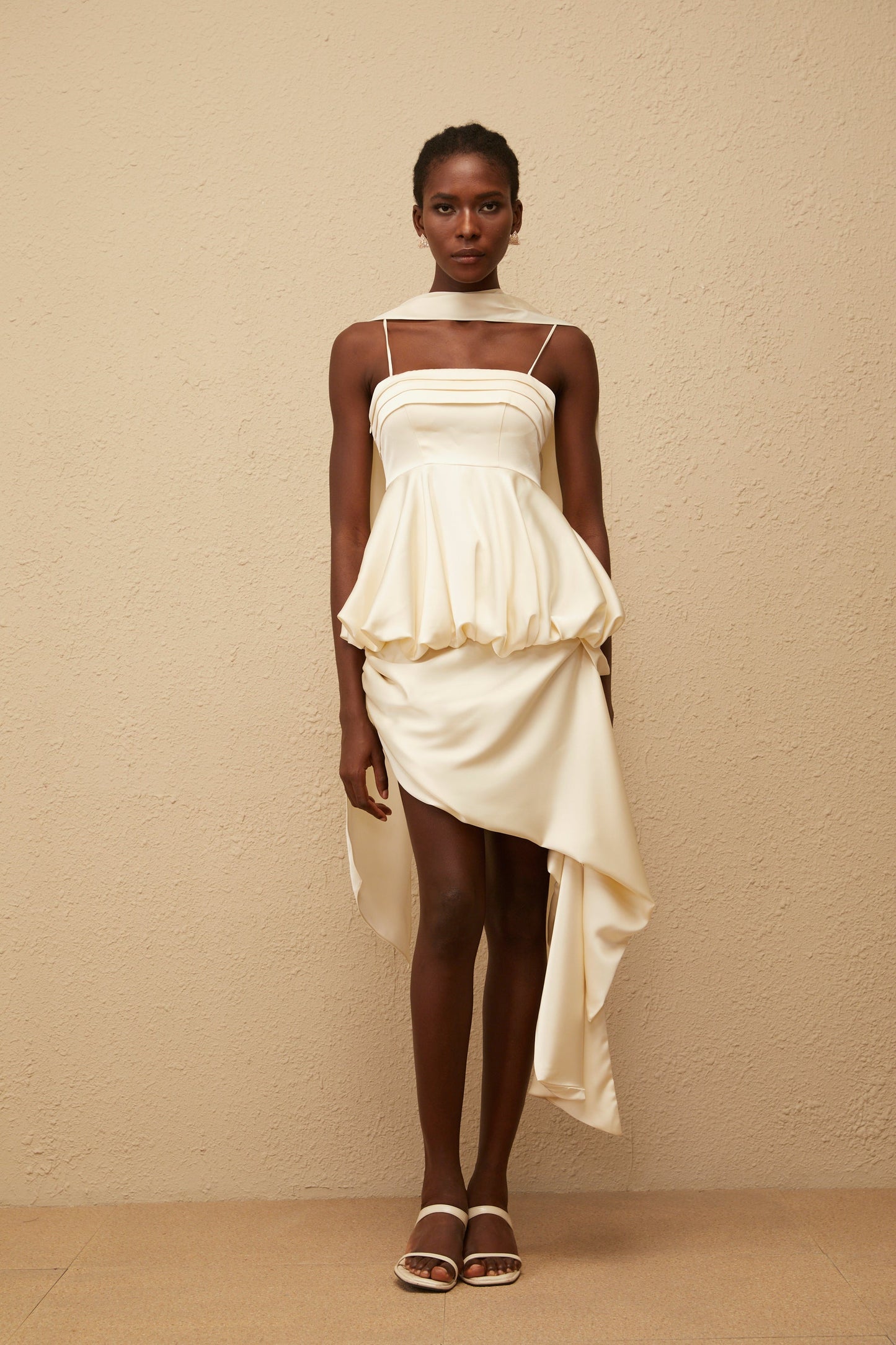 Opale Neutral Asymmetrical Satin Mini Dress