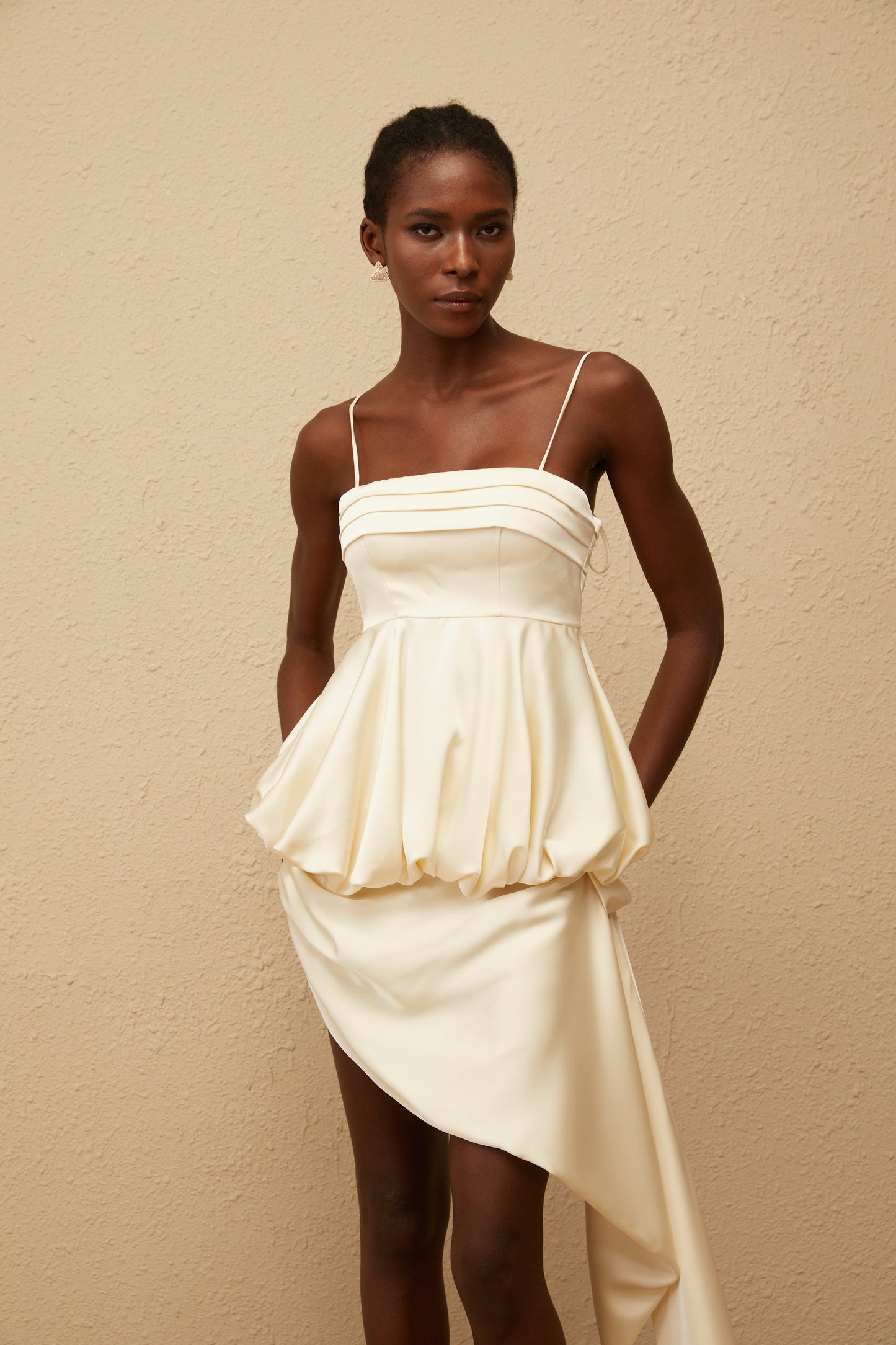 Opale Neutral Asymmetrical Satin Mini Dress