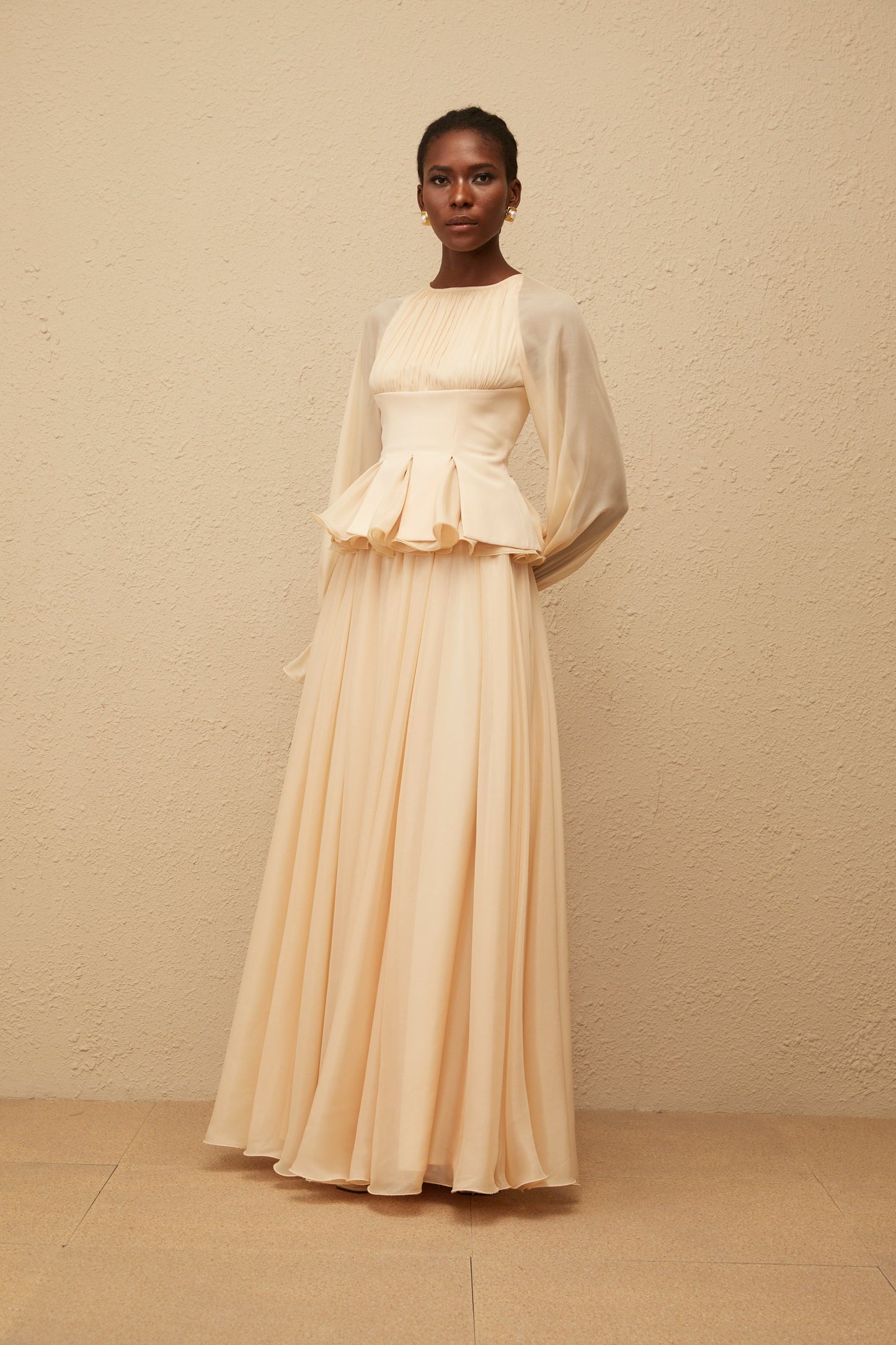 Zéphyrine Neutral Shirred Chiffon Blouse & Skirt Set
