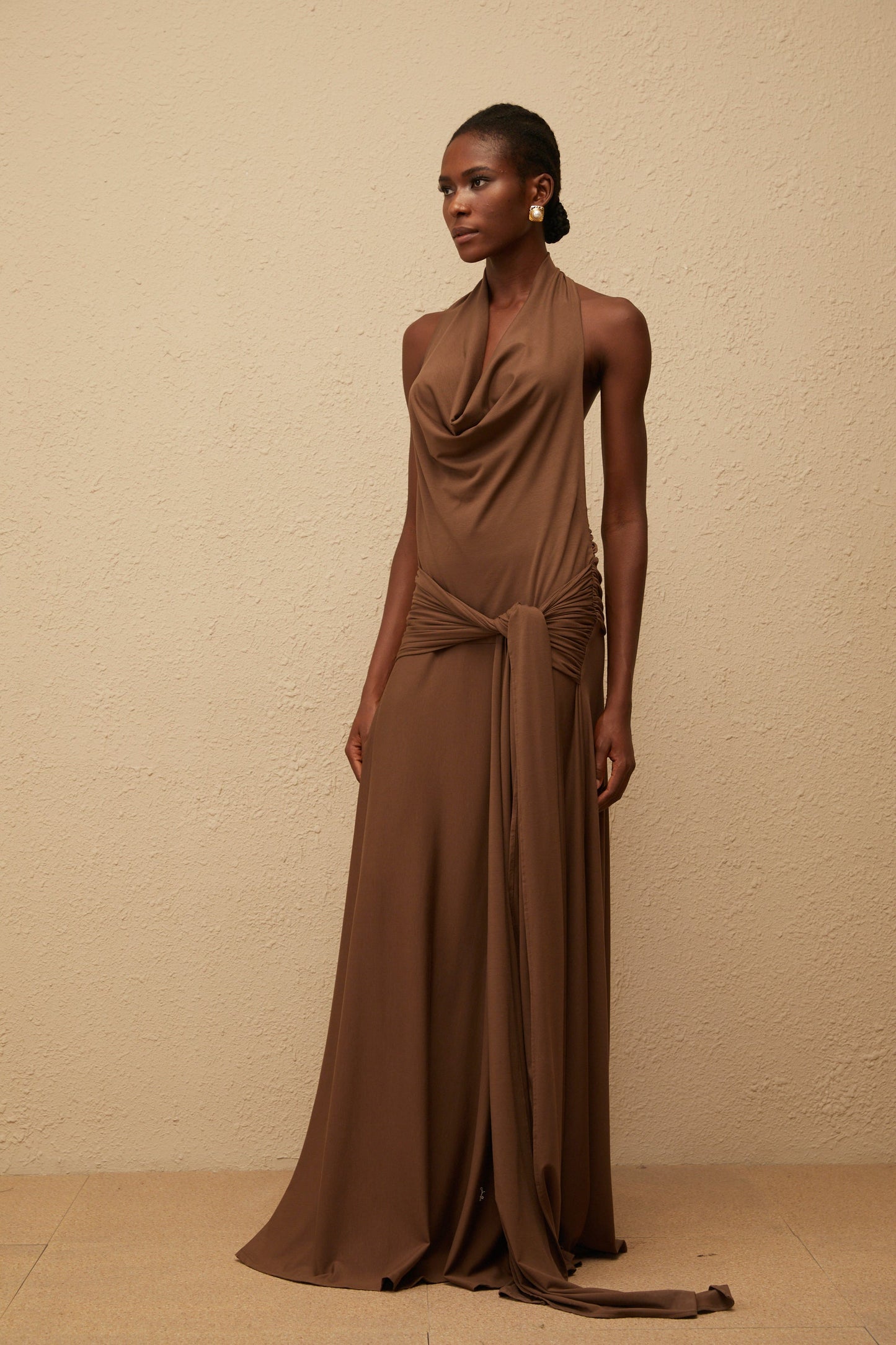 Minna Brown Halterneck Twisted Maxi Dress