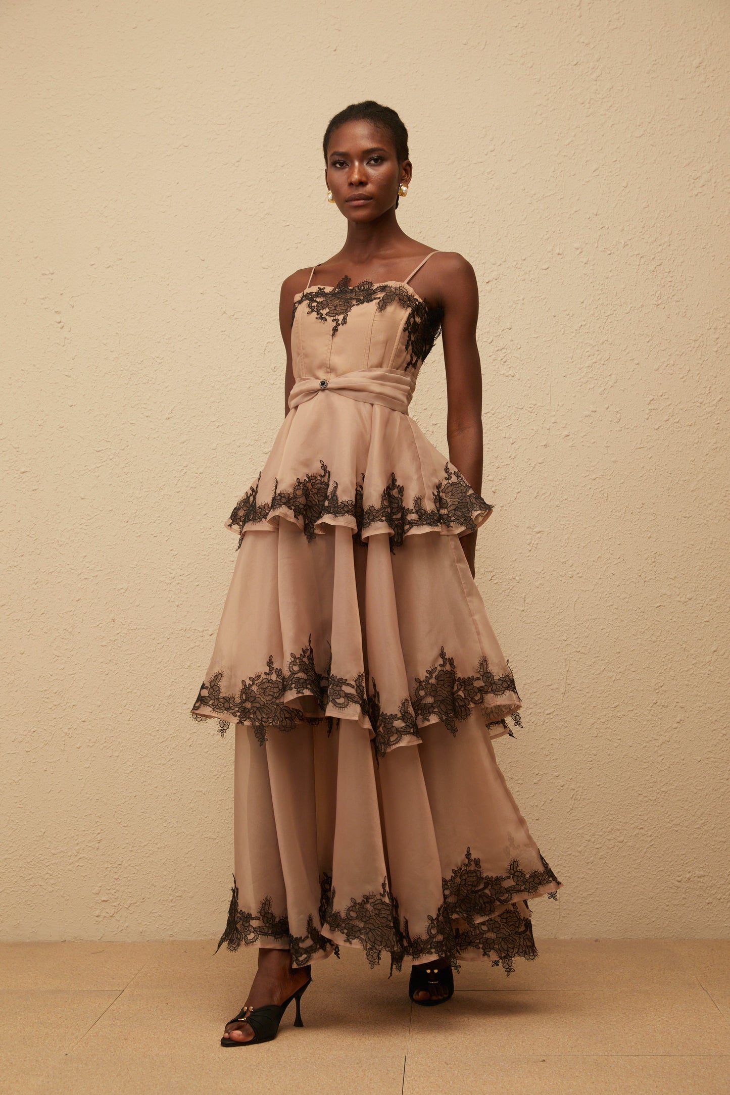Frideborg Brown Tiered Tulle Maxi Dress