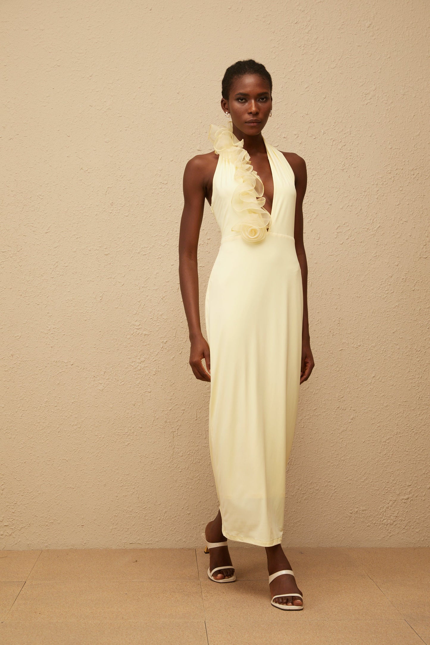 Brume Yellow Halterneck 3D Petal Maxi Dress