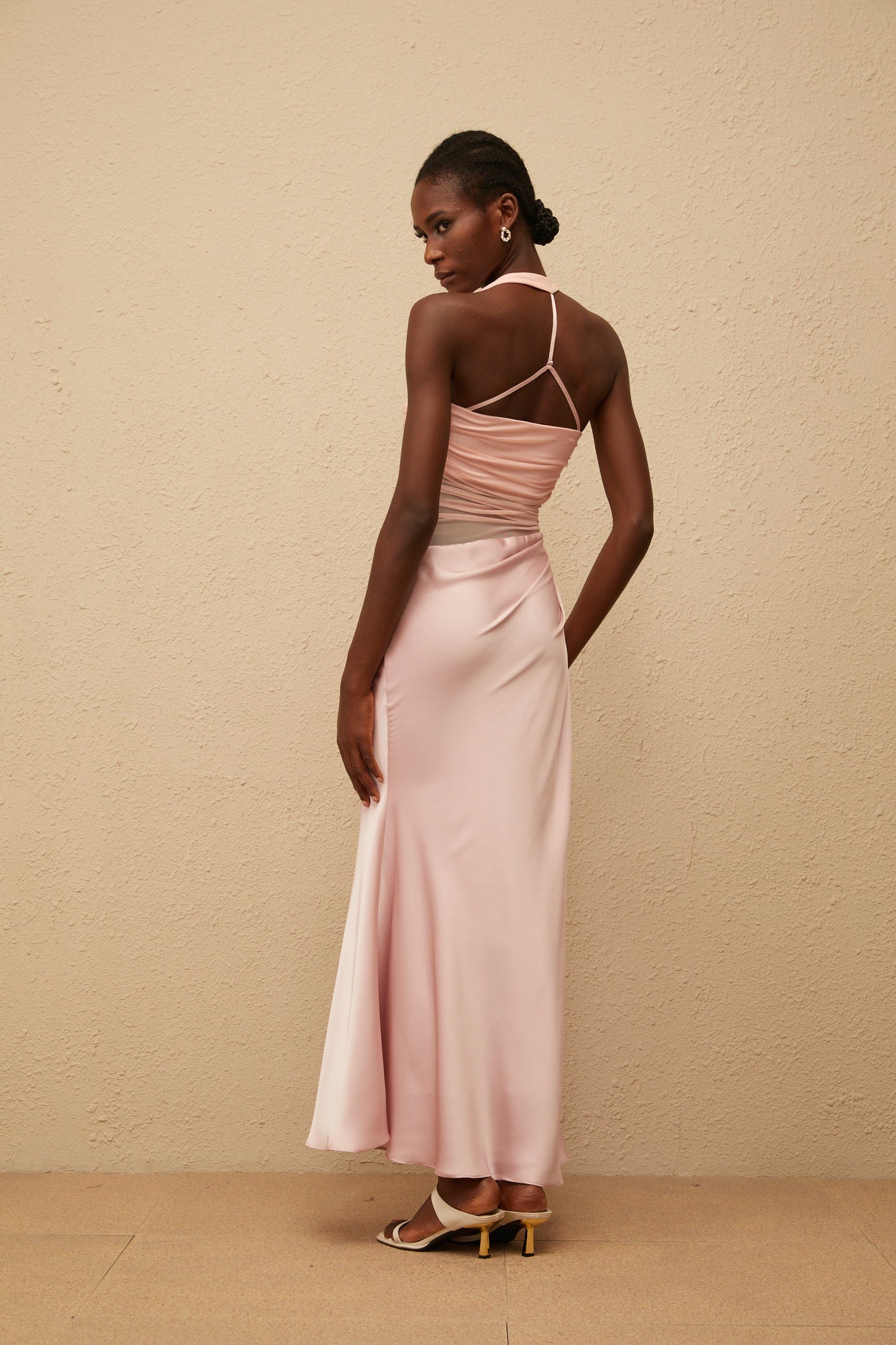 Taina Pink Mesh Panel Ruched Maxi Dress