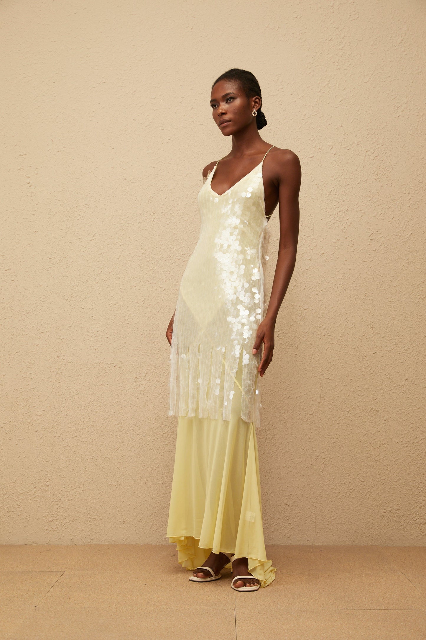 Joyau Yellow Sequin Mesh Maxi Dress