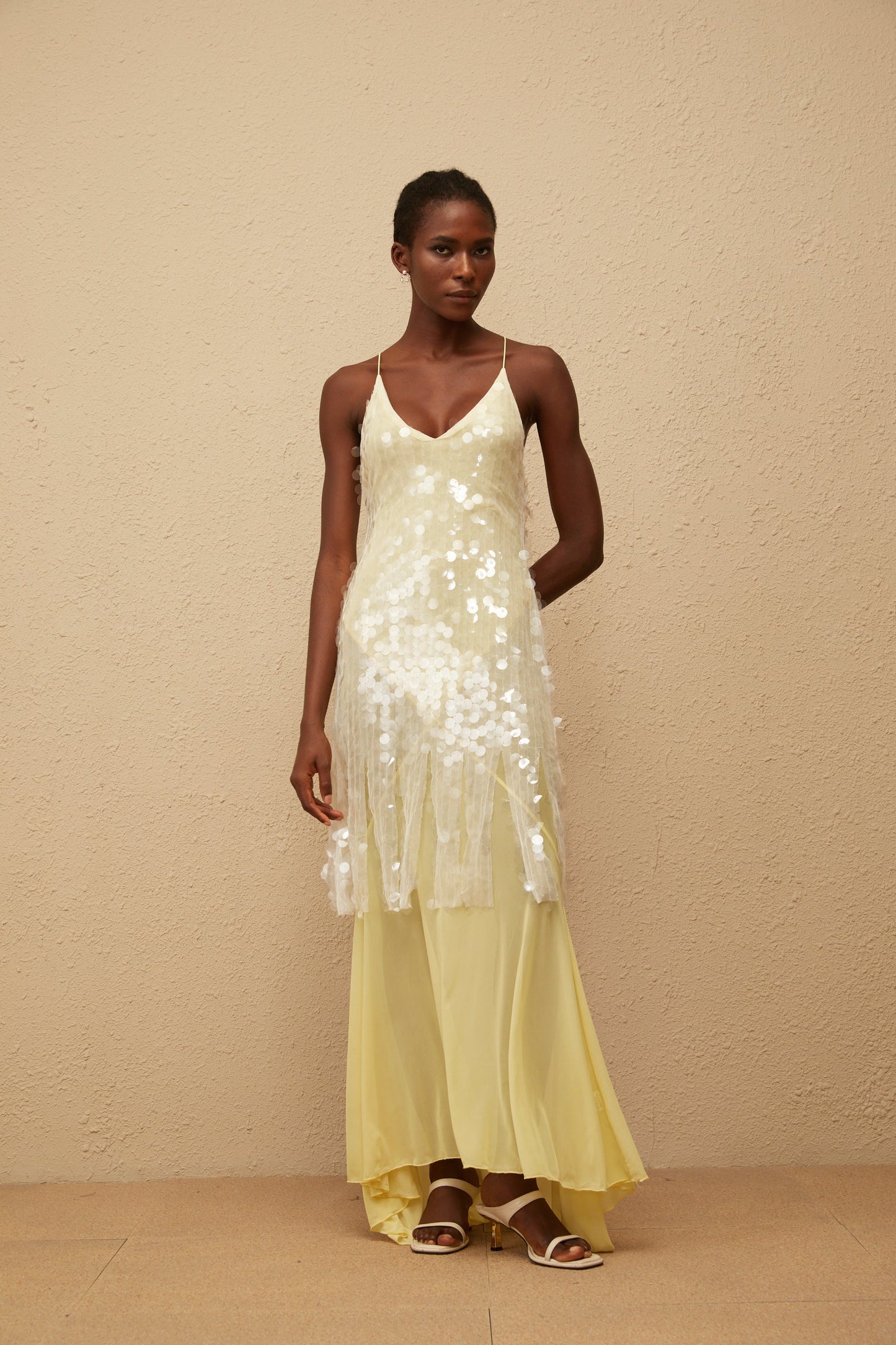 Joyau Yellow Sequin Mesh Maxi Dress