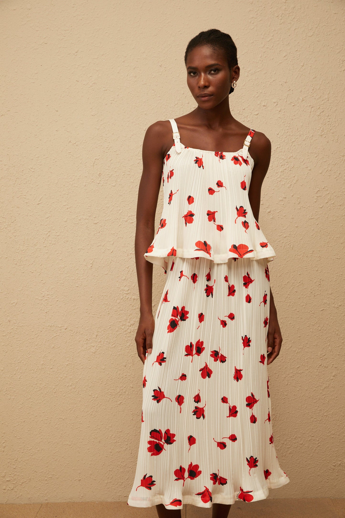 Cerise White Pleated Floral Print Top & Skirt Set