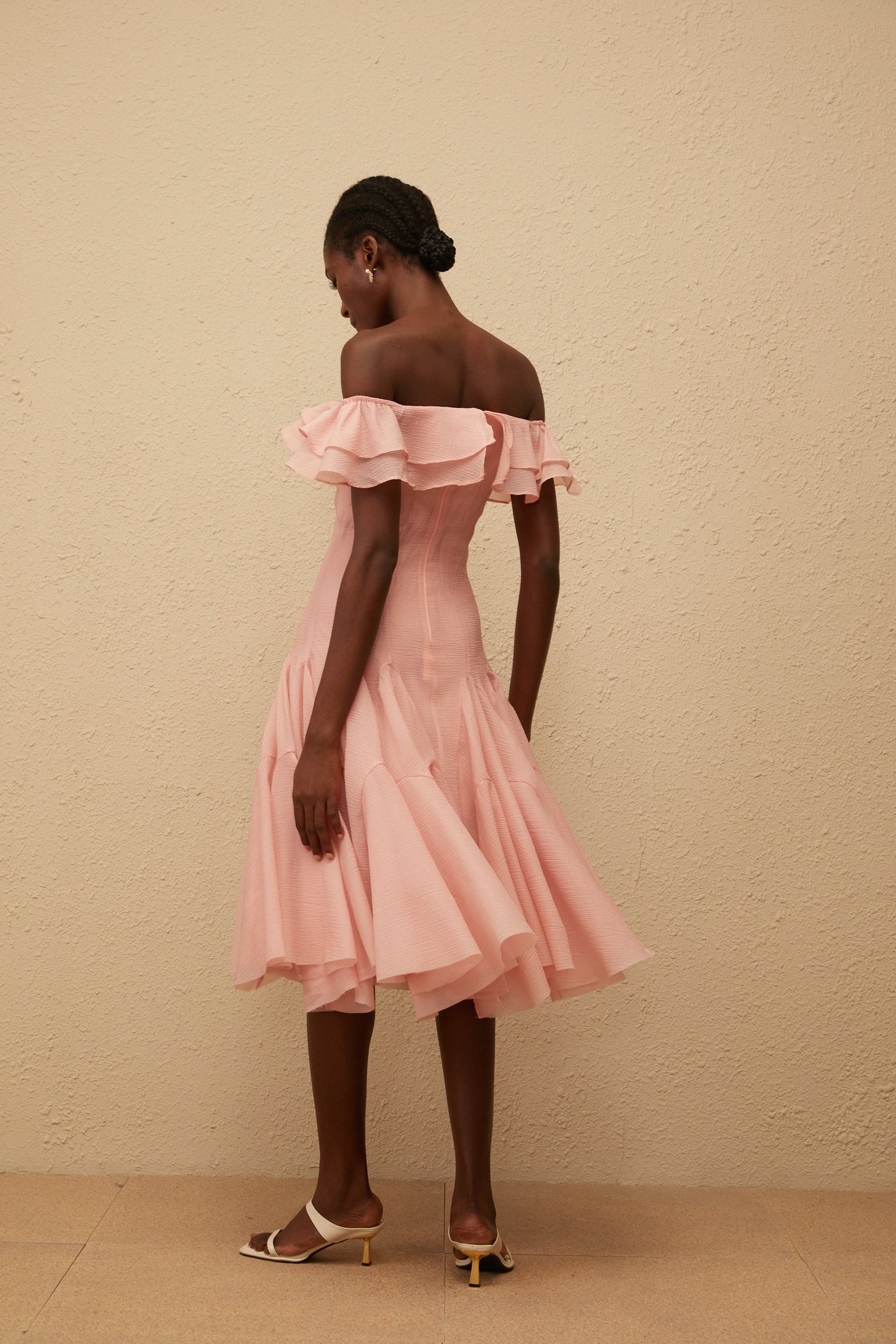 Margarita Pink Godet Ruffled Midi Dress
