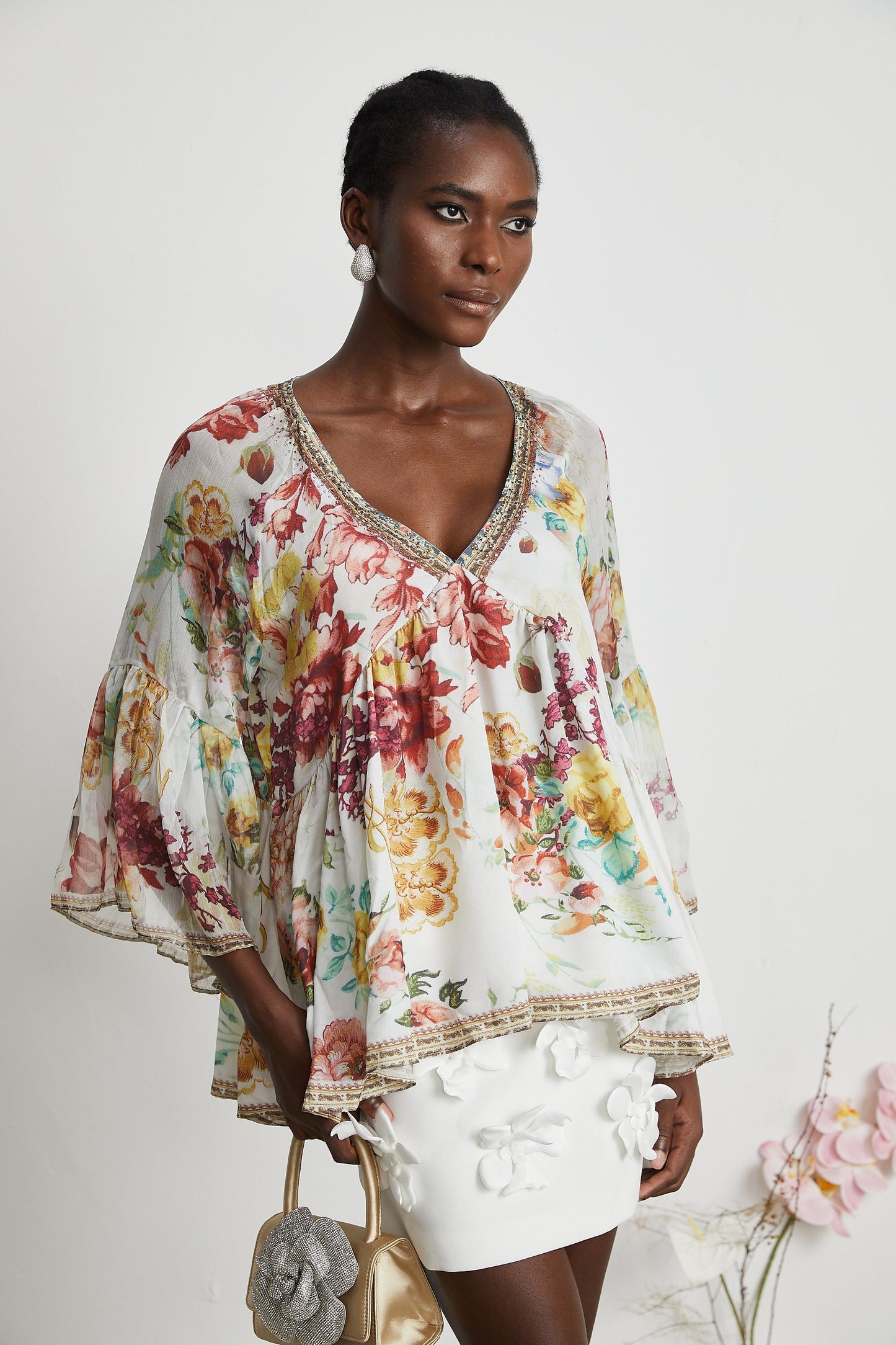 Yvonne V-neck floral-print embellished blouse