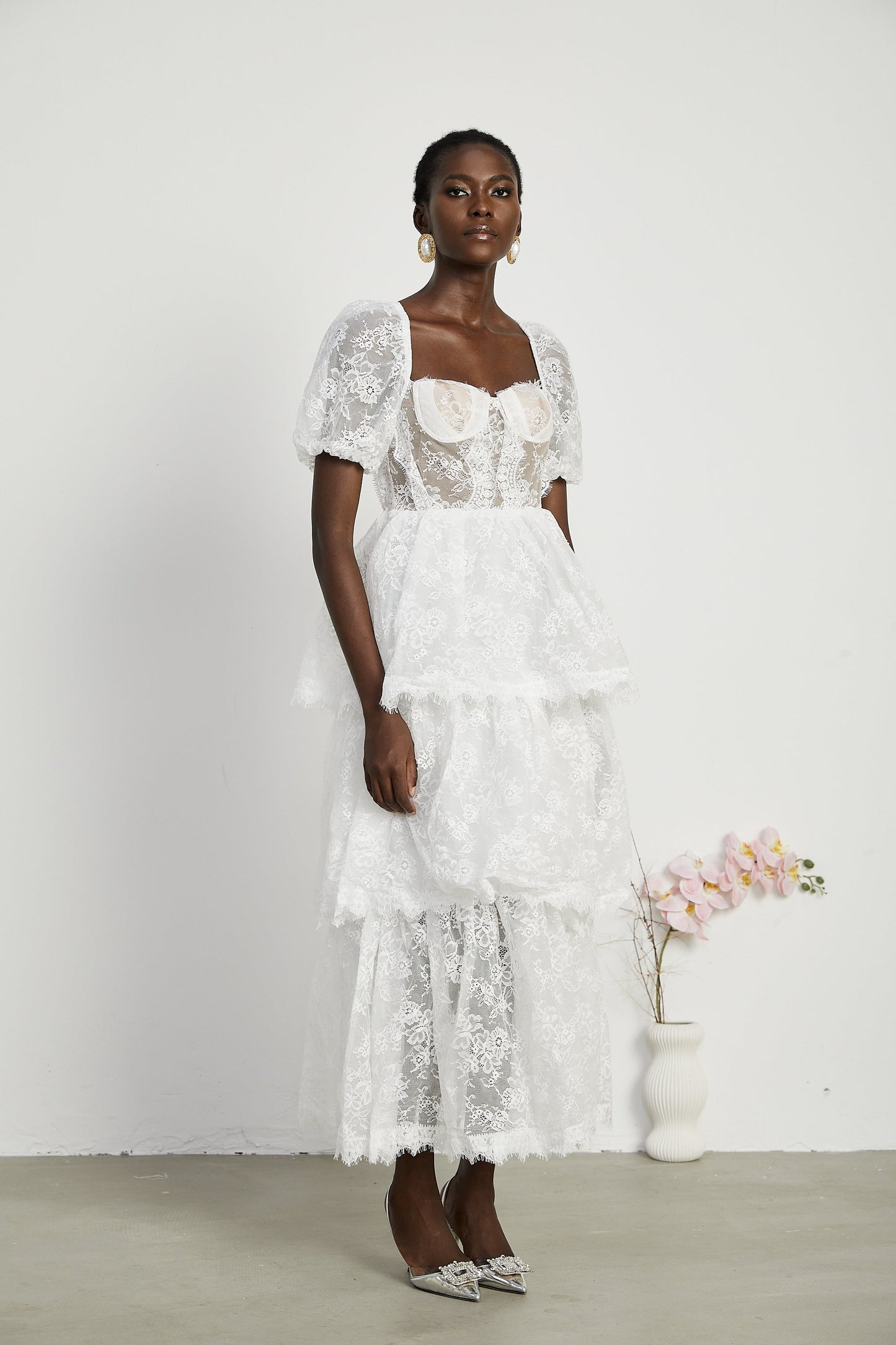 Mélisande white lace tiered maxi dress