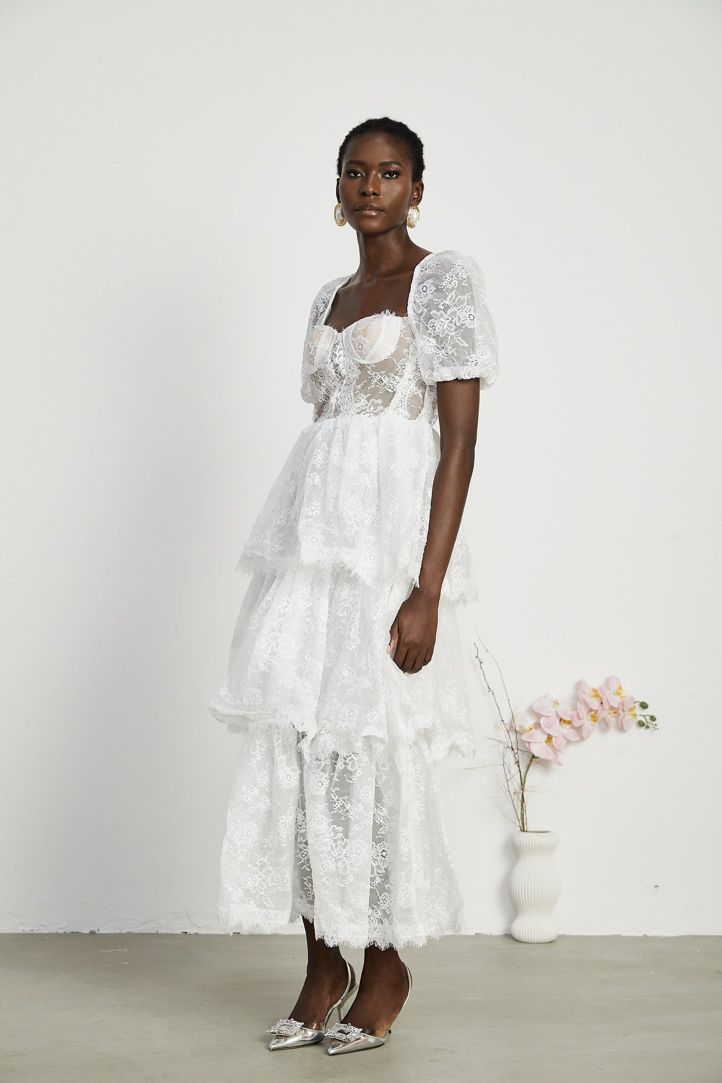 Mélisande white lace tiered maxi dress