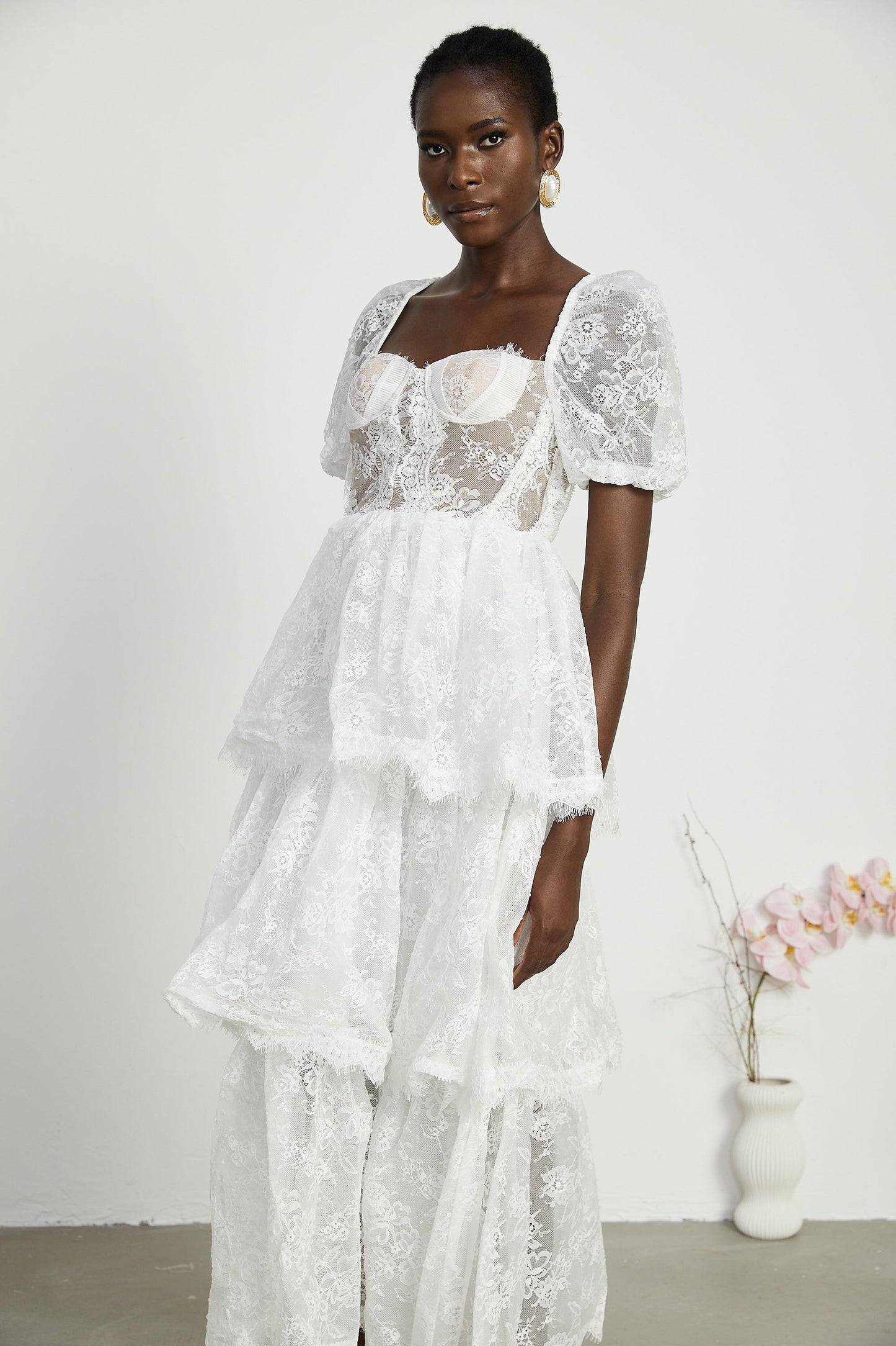 Mélisande white lace tiered maxi dress