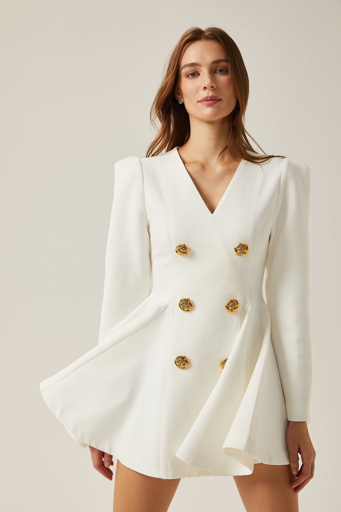Élise pleated peplum-hem blazer dress in White