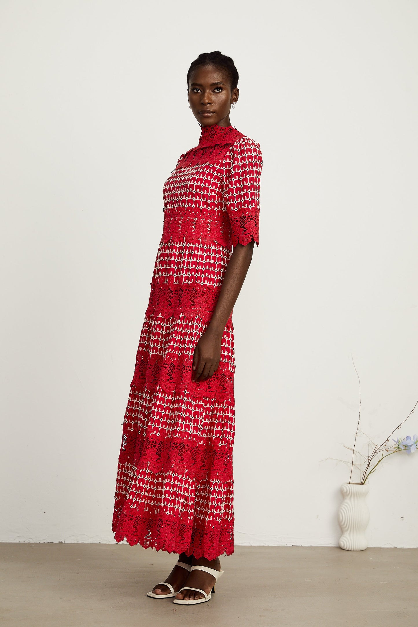 Chantal red scallop-pattern lace-panel maxi dress