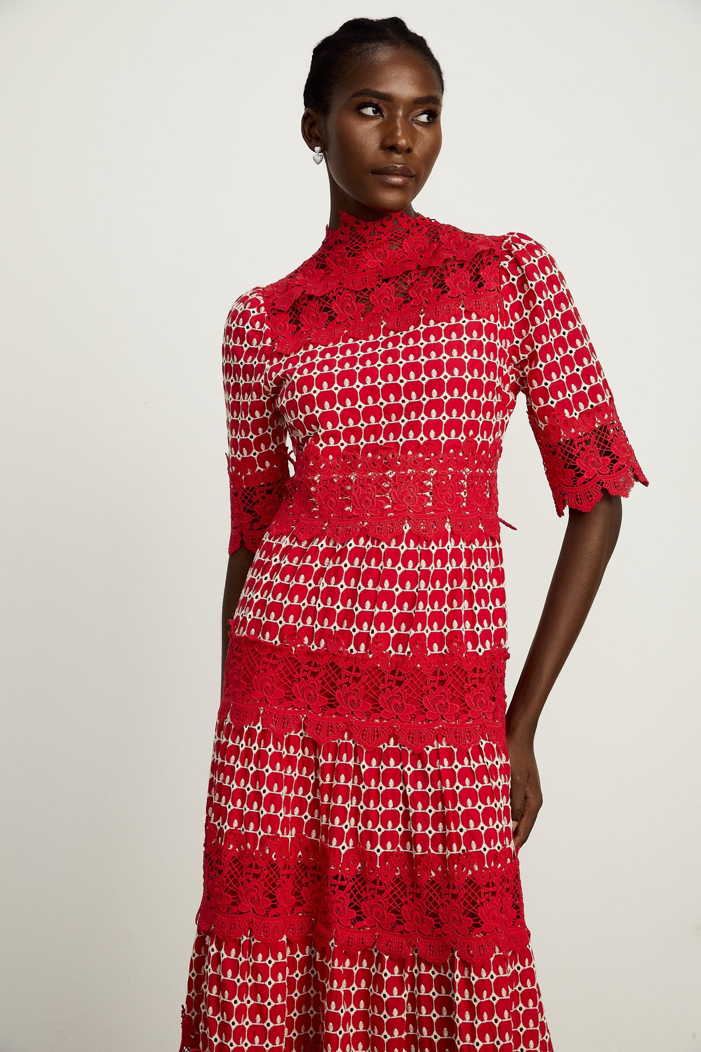 Chantal red scallop-pattern lace-panel maxi dress