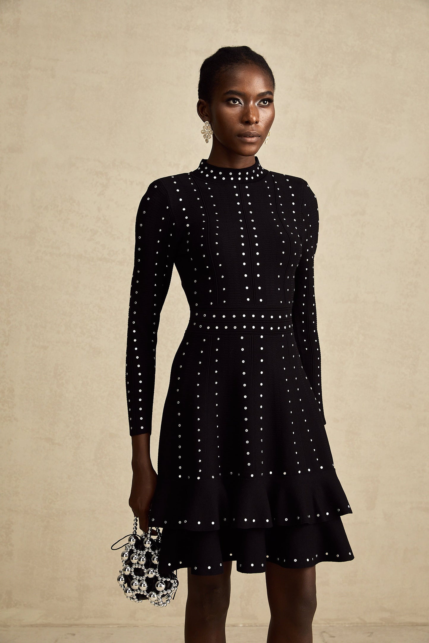 Fabienne Black Embellished Ruffled Knit Mini Dress
