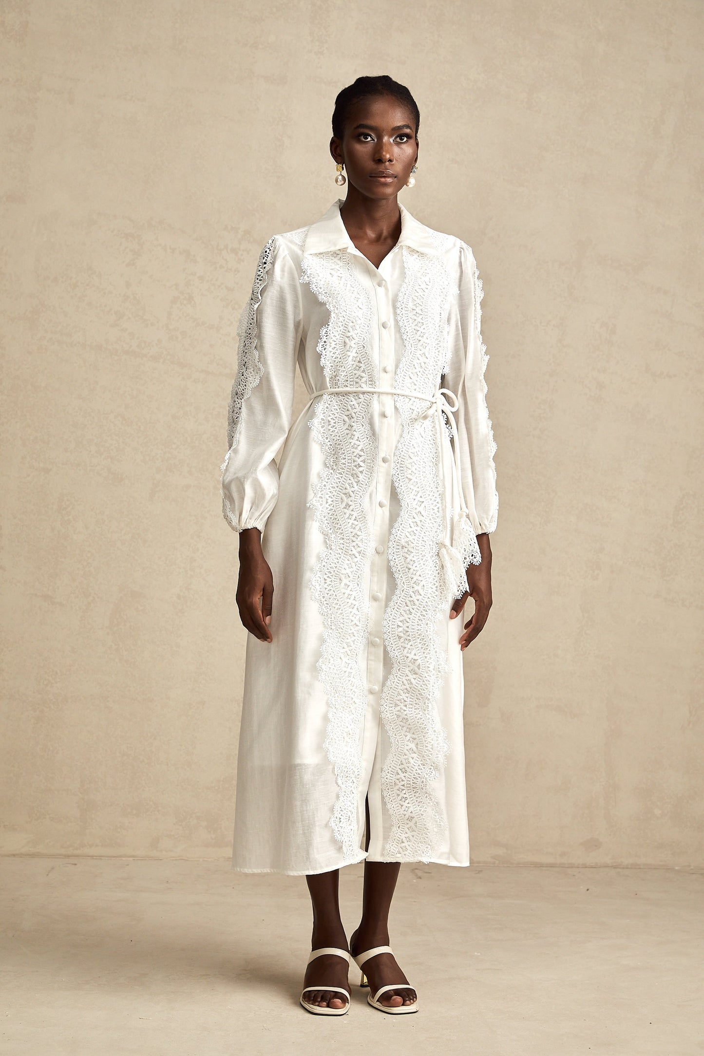 Colette white lace-detail tied-waist midi dress