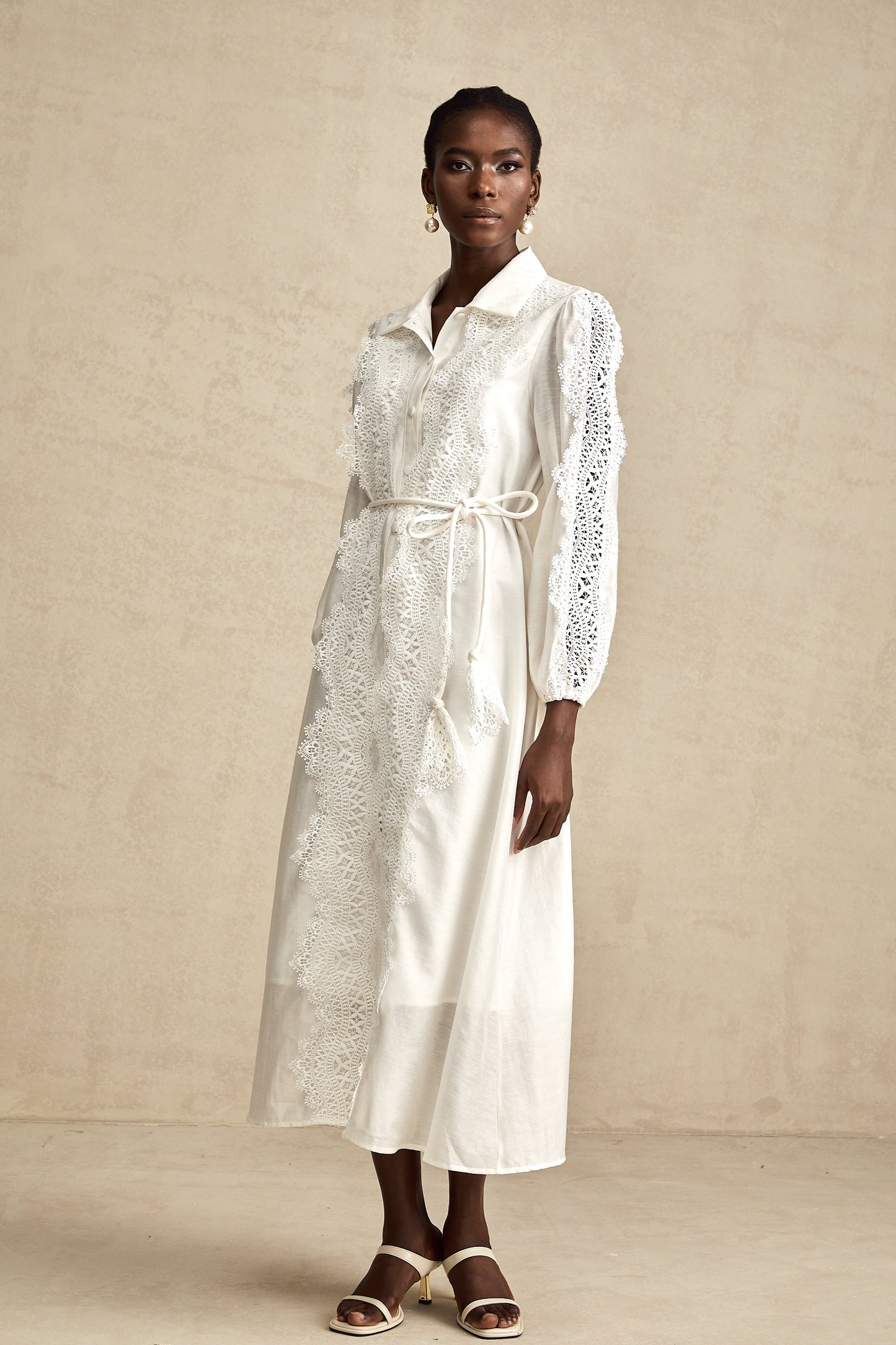 Colette white lace-detail tied-waist midi dress
