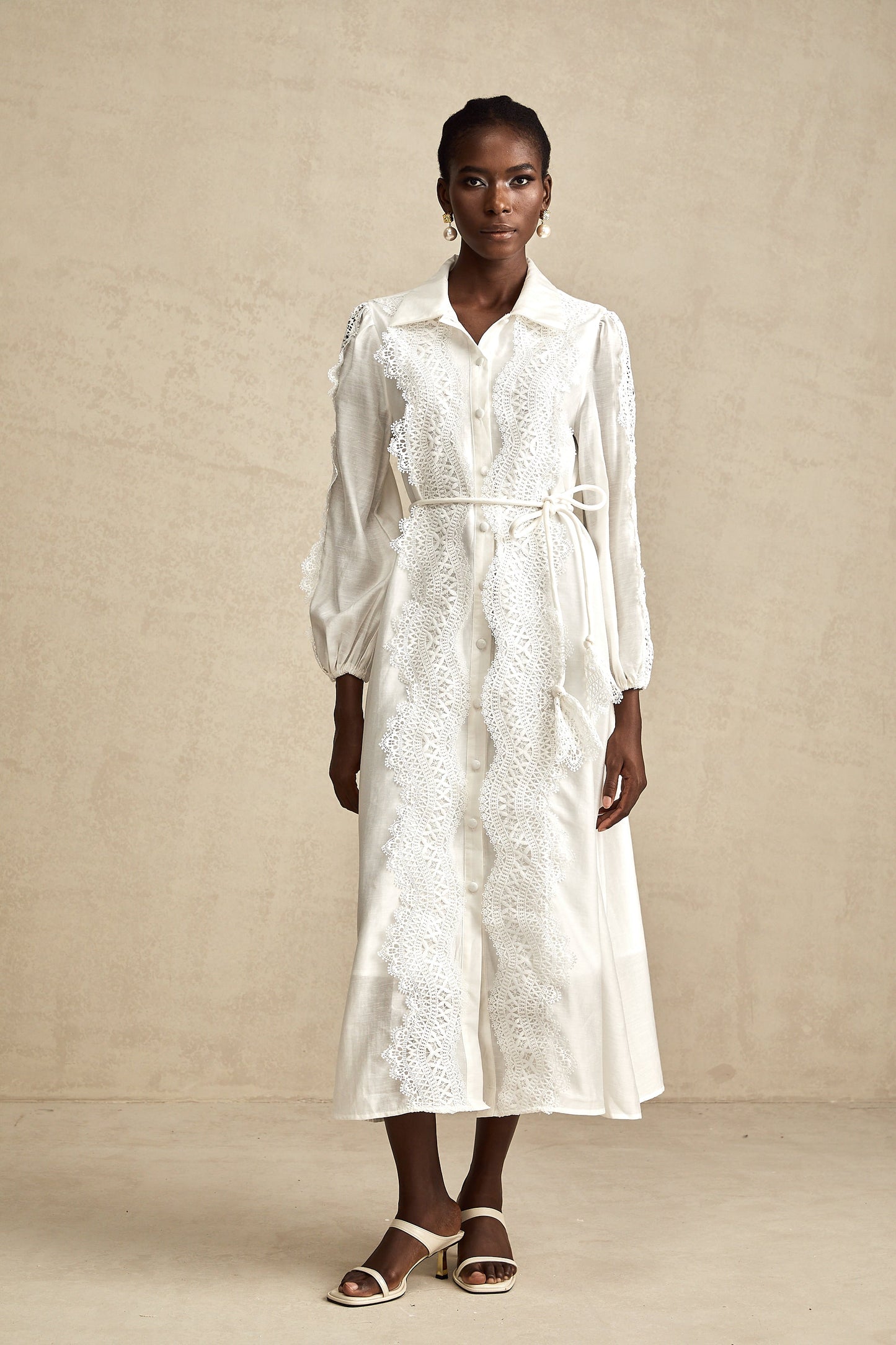 Colette white lace-detail tied-waist midi dress