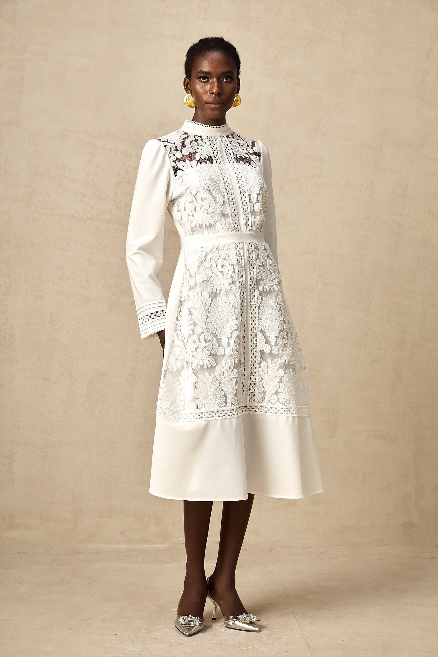 Madeleine white panelled embroidered midi dress