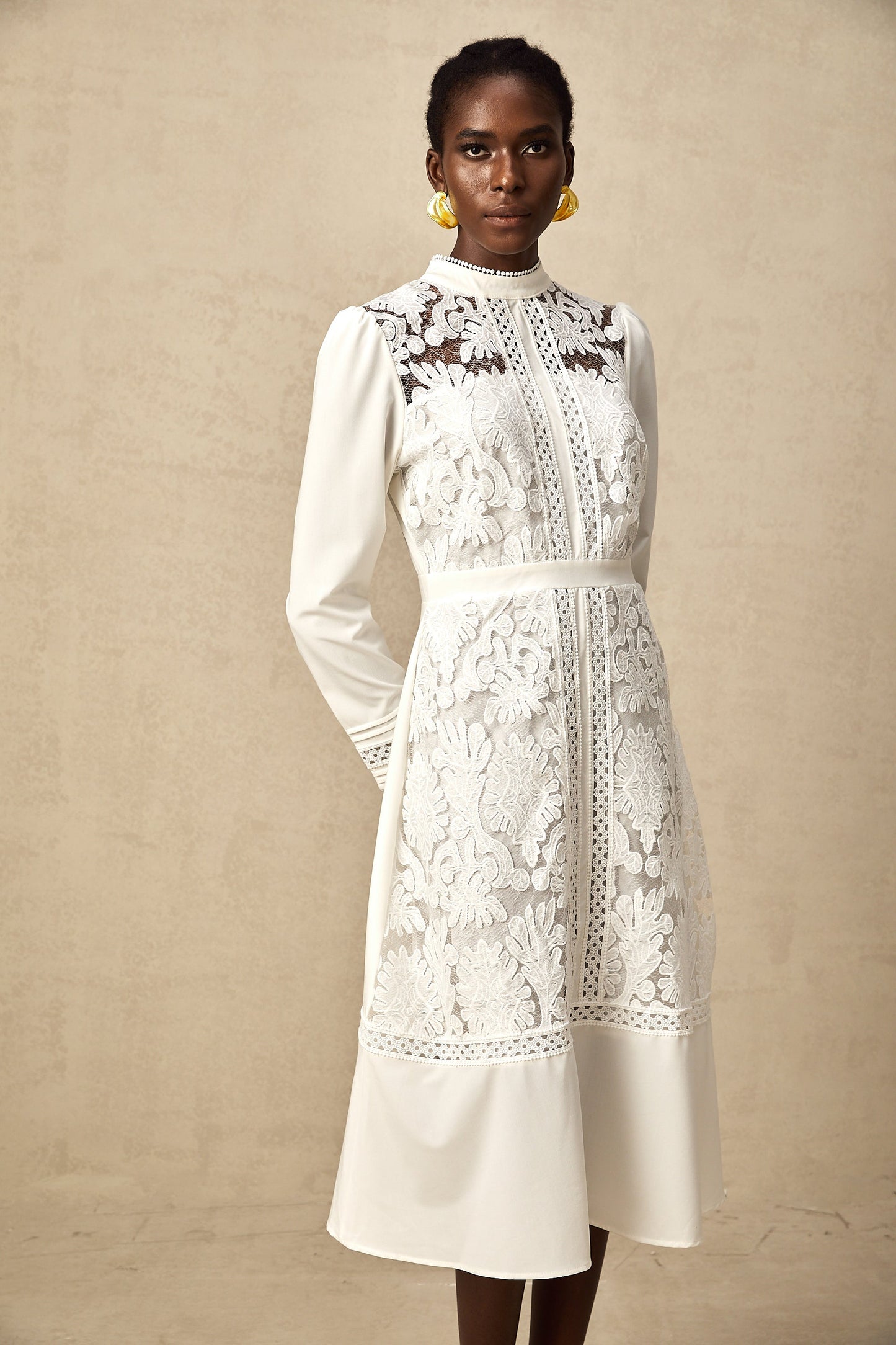 Madeleine white panelled embroidered midi dress