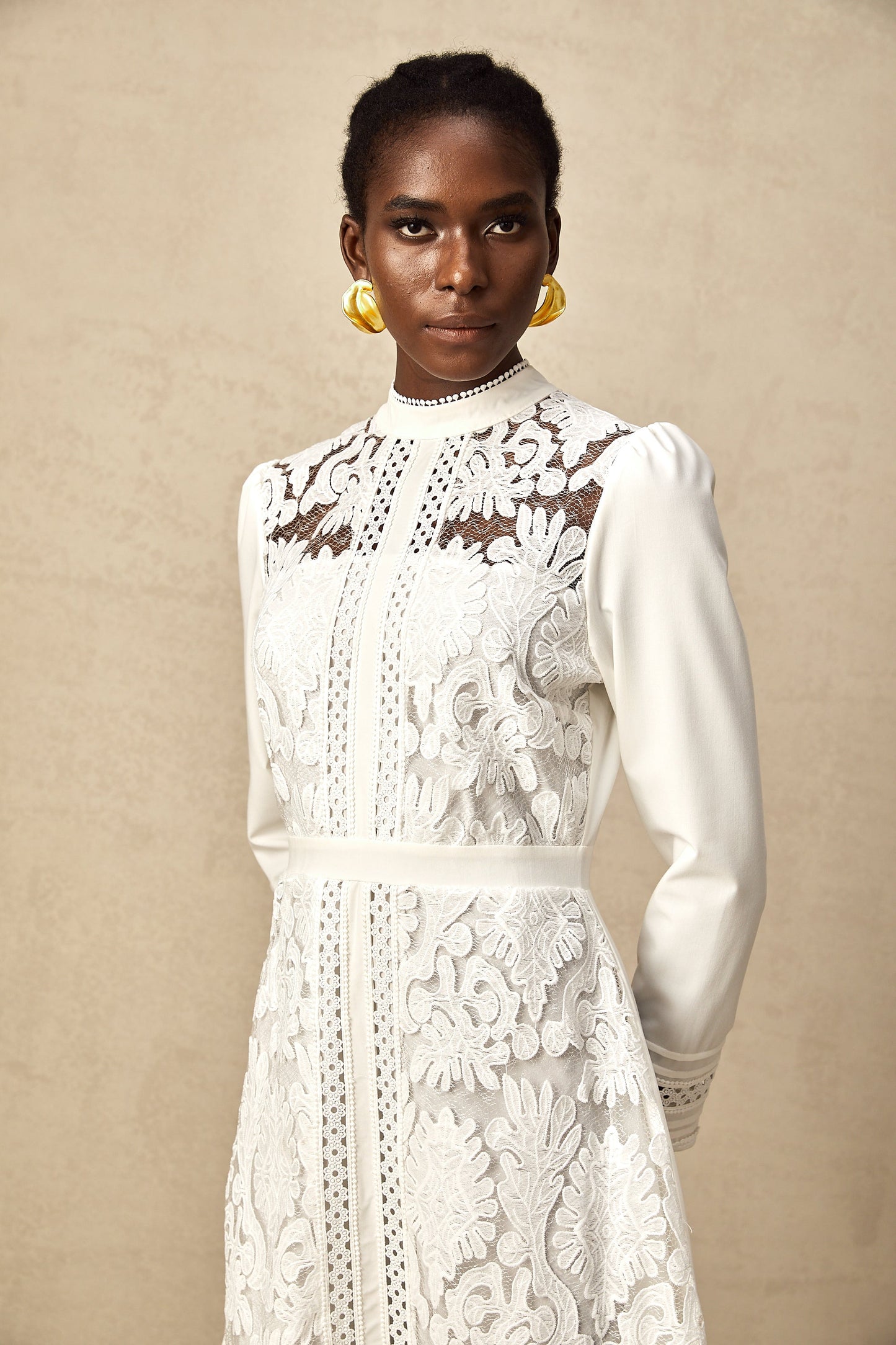 Madeleine white panelled embroidered midi dress