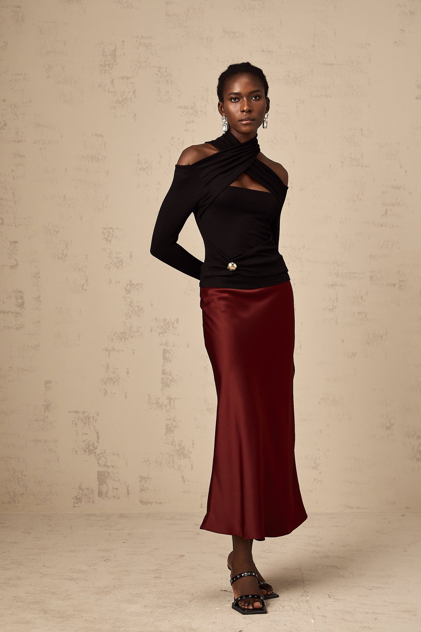 Vanessa red flared satin skirt