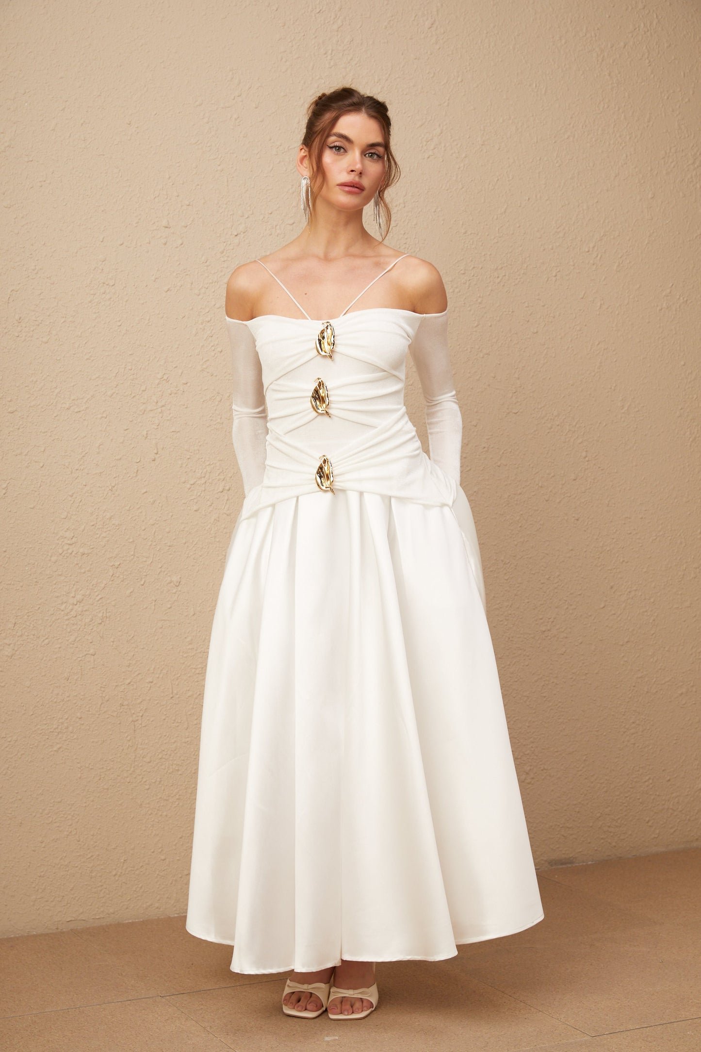 Nadine off-shoulder panelled maxi dress in White
