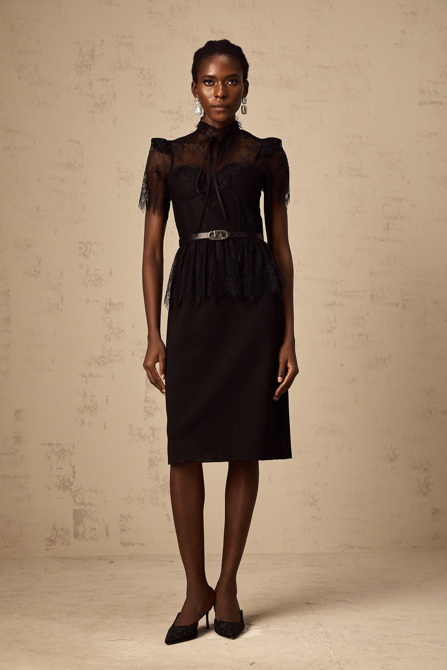 Thérèse black guipure-lace panelled midi dress (Without belt)